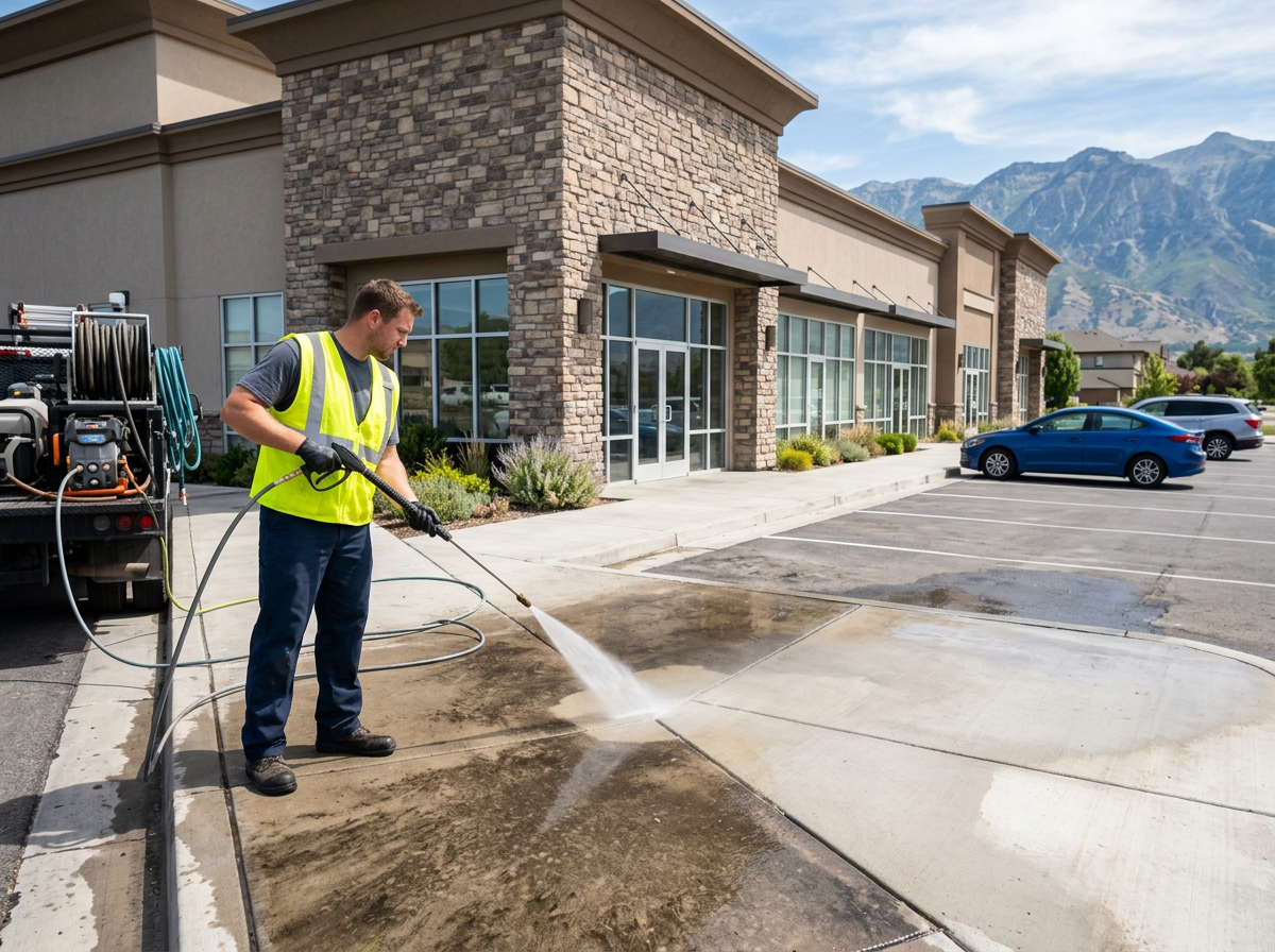 A worker in a yellow safety vest using a power washer to clean the sidewalk outside a commercial building with a mountain range in the background.