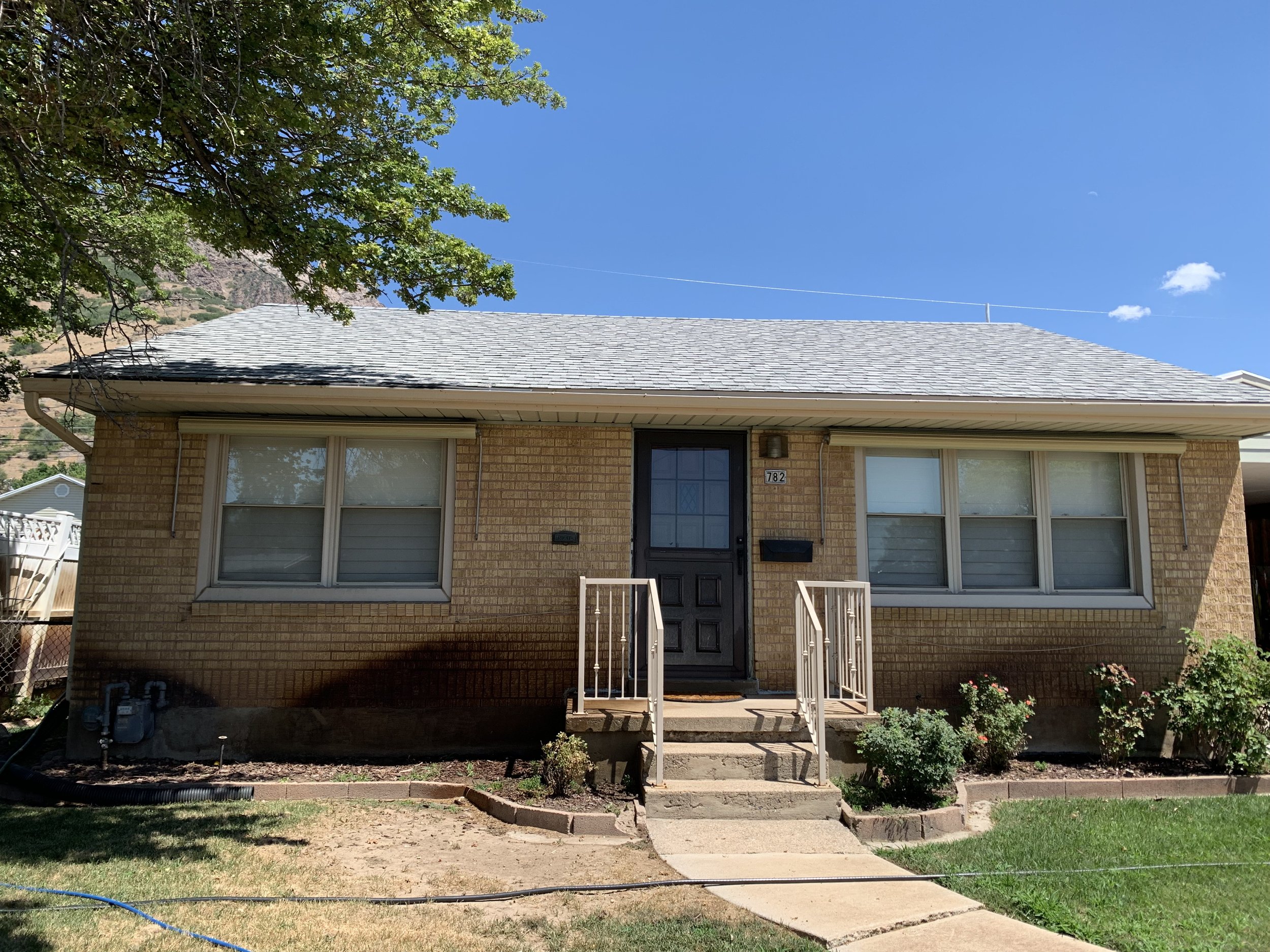 Front view of a brick house with a gray shingle roof and a black door with a glass window, steps leading up to the door, large windows on either side, and a small garden with flowers in front. There is a tree with green leaves on the left and a blue 