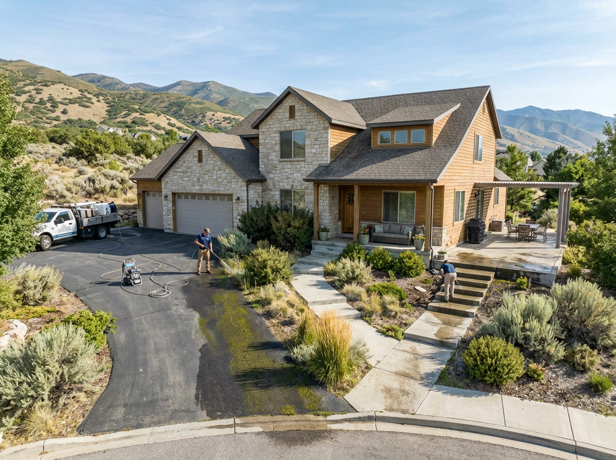 A modern two-story house with a stone and wood exterior, surrounded by a landscaped garden, with workers cleaning the driveway on a sunny day, mountains in the background.