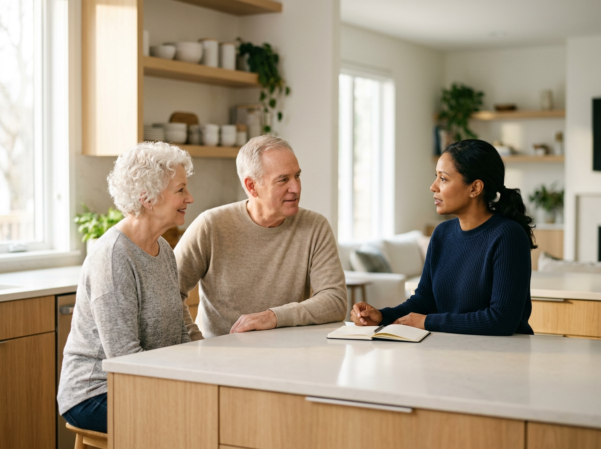 A woman in a navy sweater sitting at a kitchen island conversing with an elderly couple, with a notebook open in front of her.