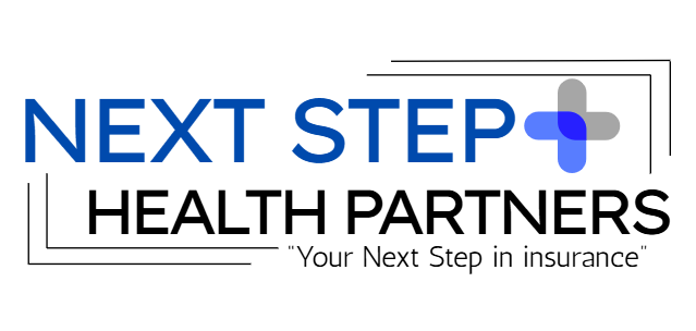 Logo for Next Step Health Partners with a blue and gray cross design and the tagline 'Your Next Step in insurance'.