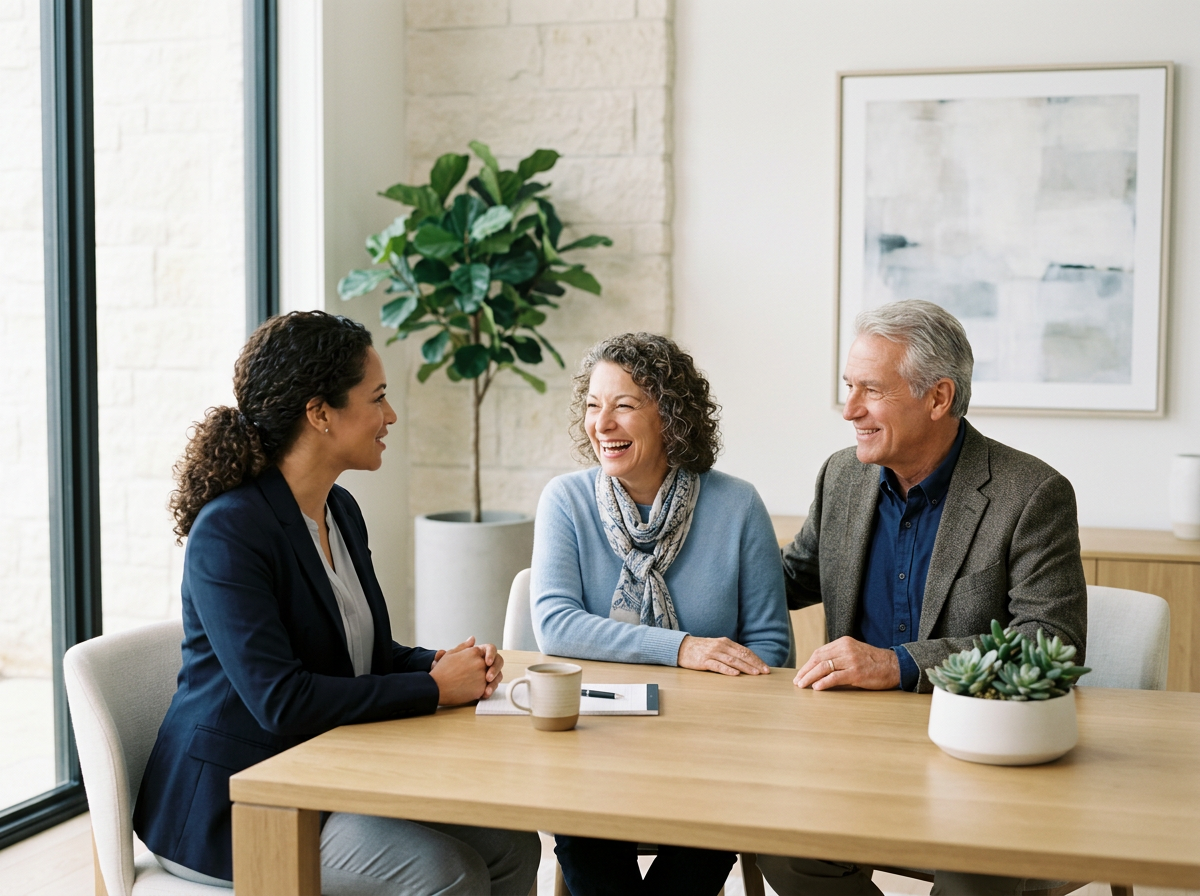 Three people, two women and one man, sitting at a wooden table in a well-lit room, smiling and having a conversation. The woman on the left has curly dark hair, the woman in the middle has curly gray hair and is wearing a blue sweater and scarf, and the man on the right has gray hair and is dressed in a blazer and shirt. There is a plant, a coffee mug, a notebook, and a framed abstract art piece on the wall behind them.