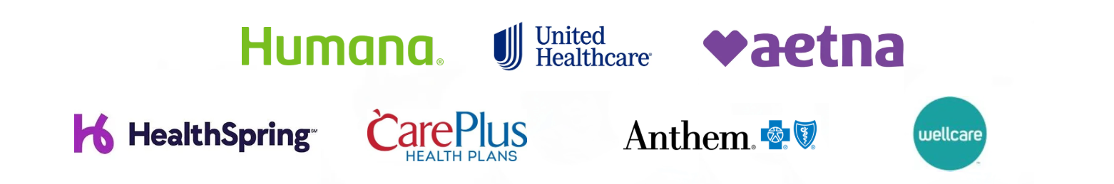 Logos of various healthcare companies including Humana, United Healthcare, Aetna, HealthSpring, CarePlus, Anthem, Wellcare.