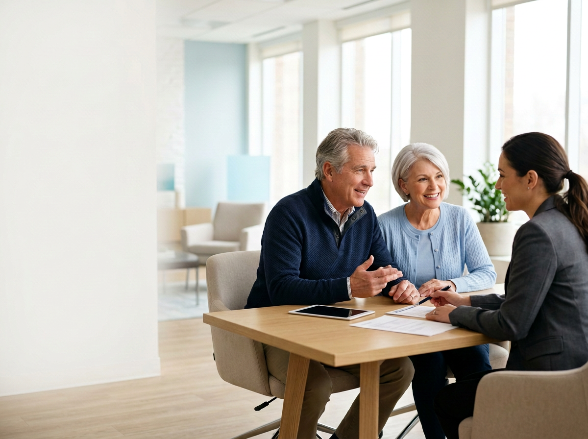 A senior couple meeting with a professional woman in an office, discussing documents and smiling.