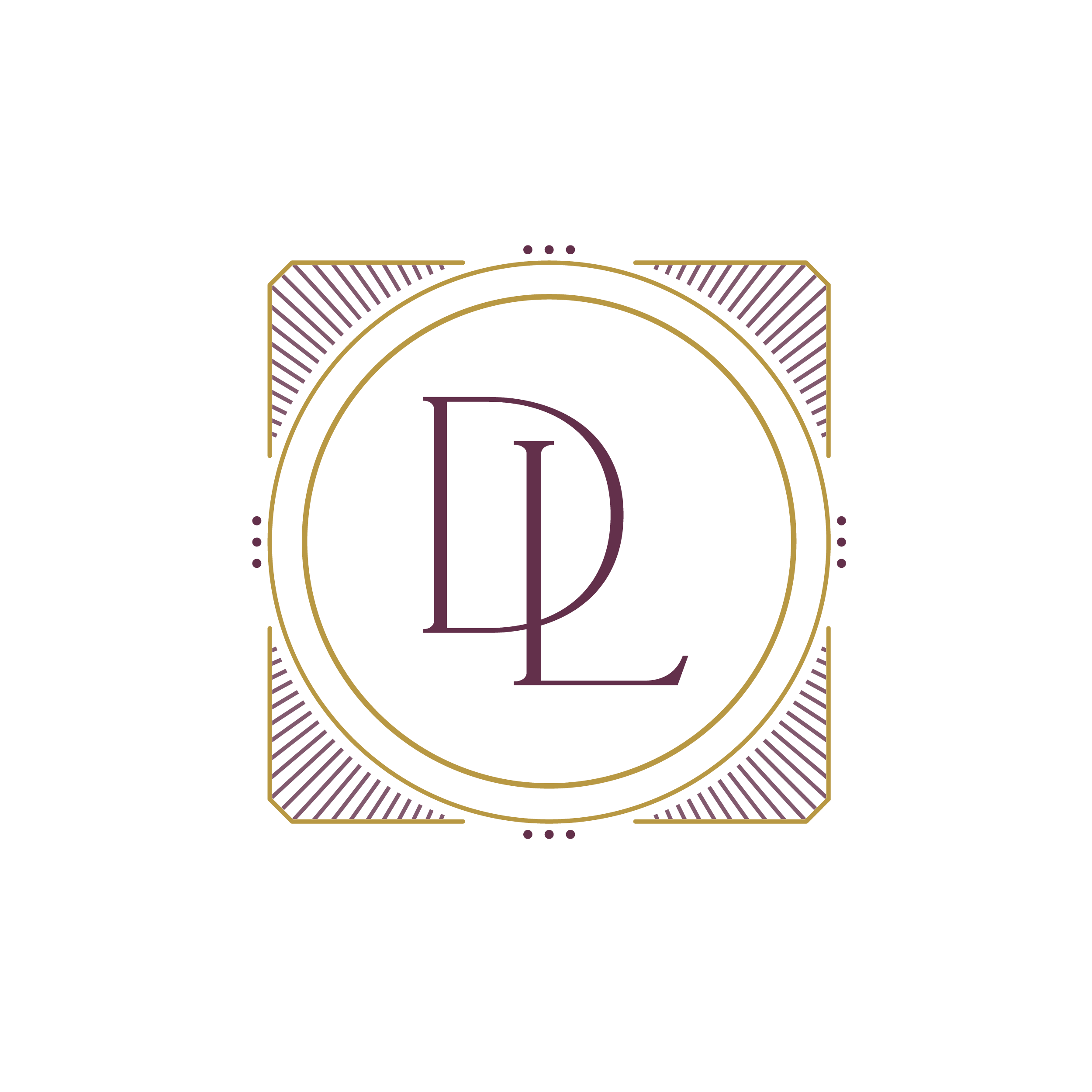plum and gold De Villiers LiPuma logo with capital D and L in center of circles with lines