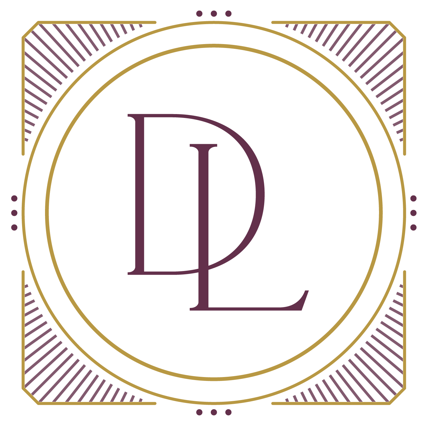 Stylized logo with a black background, featuring a central large monogram of overlapping letters 'L' and 'D' in purple. The monogram is surrounded by concentric circles in gold. The outer square border is decorated with purple and gold geometric patterns, including lines and dots.