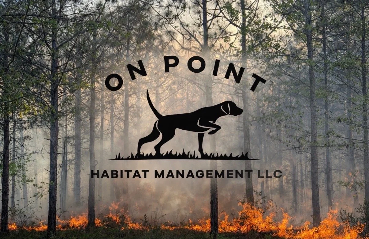 A logo for 'On Point Habitat Management LLC' with a black silhouette of a hunting dog, set against a forest background with smoke and fire at the ground.