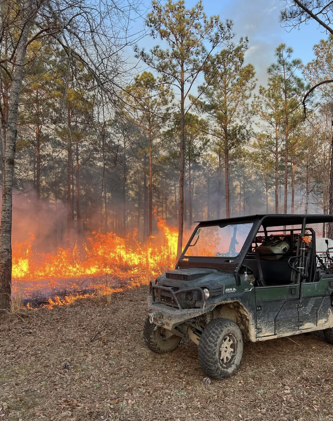 A forest fire burning among tall trees with smoke in the background, and a green utility terrain vehicle parked on the dry ground in the foreground.