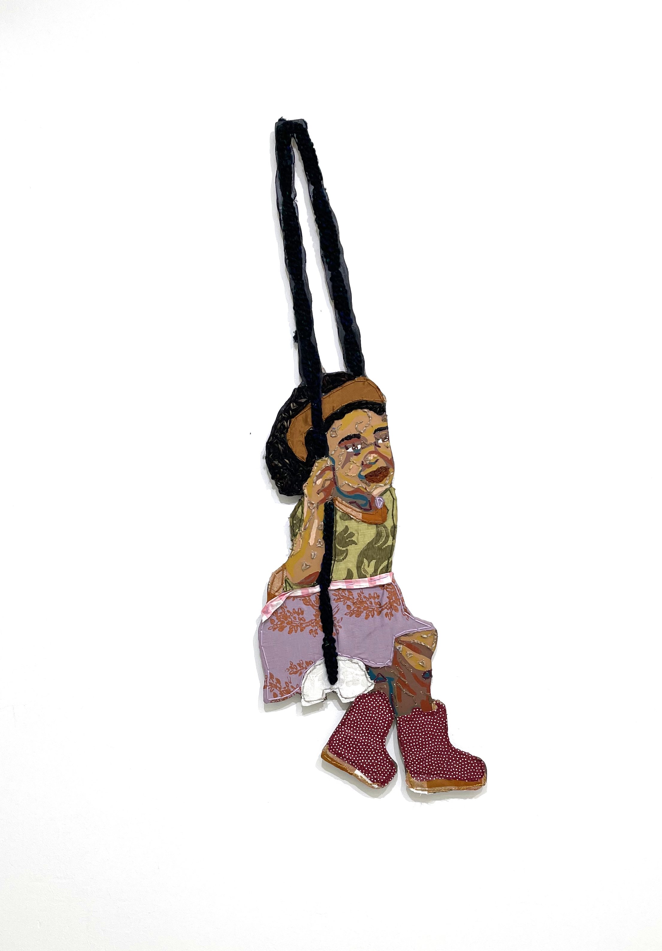 Deserving III (Private Collection), 2022
oil pastel, yarn, screenprint ink, screenprint, braided yarn, and fabric on a wood cutout
43.5 x 13 in (110.49 x 33.02 cm)