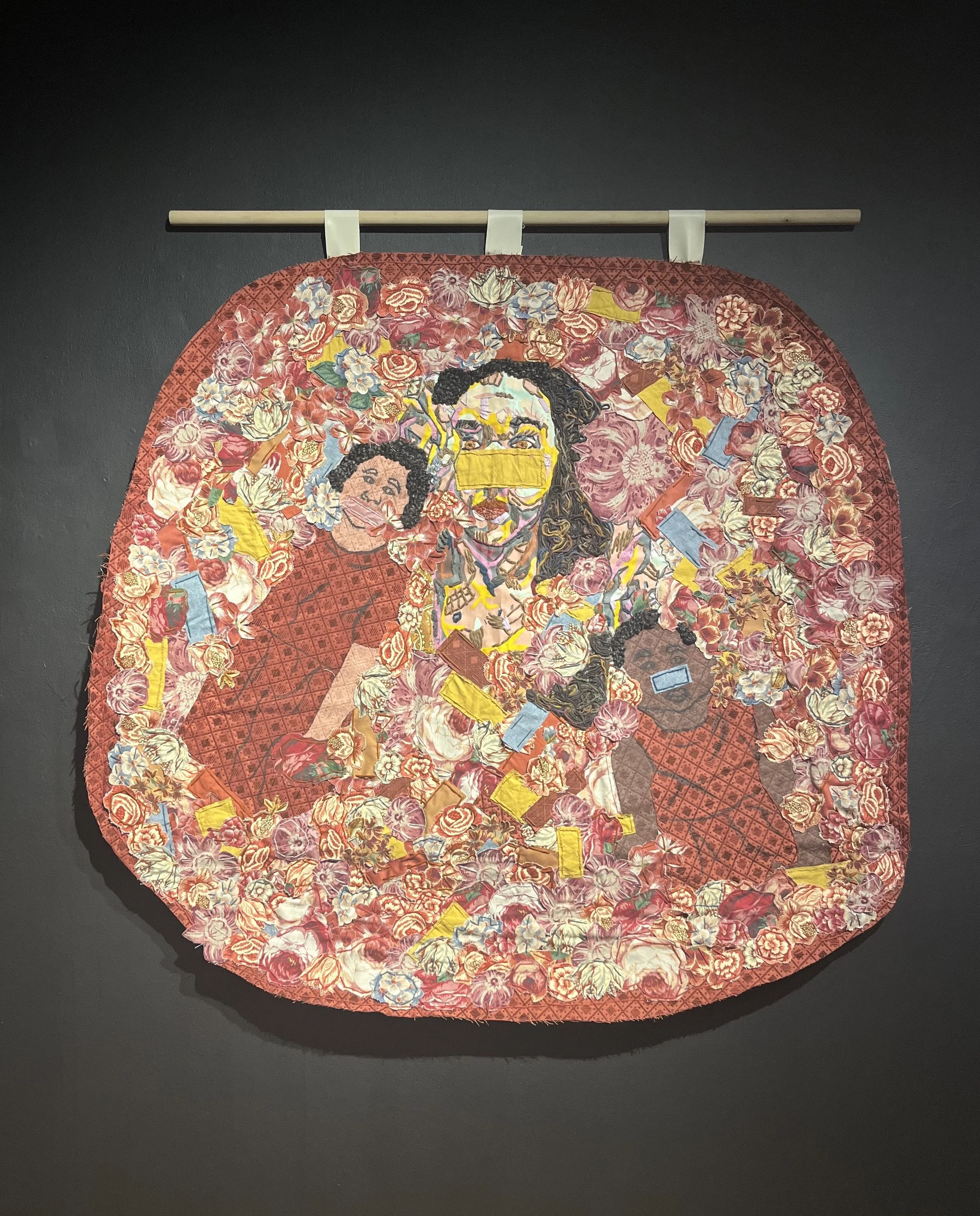 
From Deserving to Denial, 2020
screenprint, screenprint ink, oil pastel, charcoal, upcycled fabric, yarn, and tassels
58 x 55 x 1 in (147.32 x 139.7 x 2.54 cm)