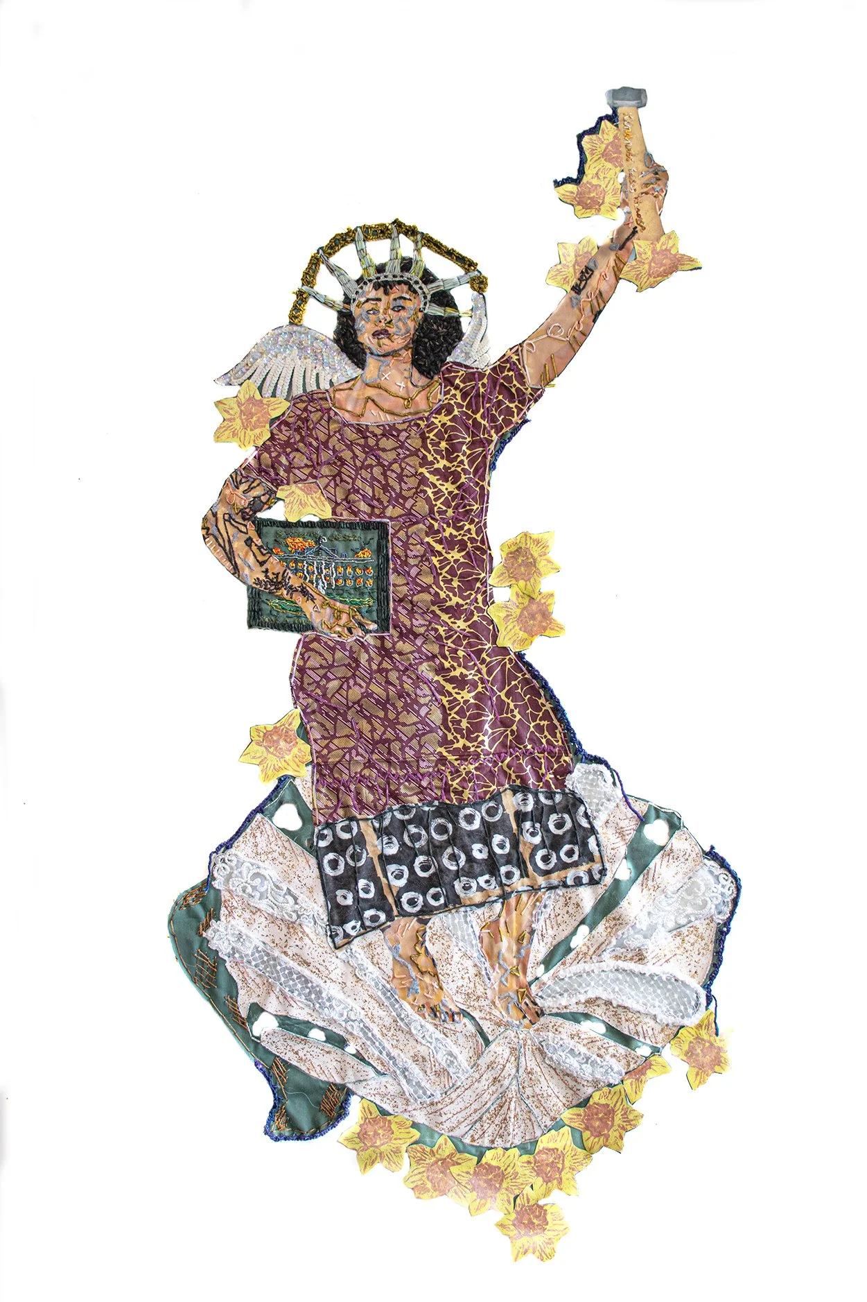 Kindness Eases Change, 2025
screenprint, screenprint ink, crochet edge, vintage patch, yarn, embroidery thread, upcycled wedding dress patches, fabric on canvas
69 x 32.5 x 0.75 in (175.26 x 82.55 x 1.9 cm)
