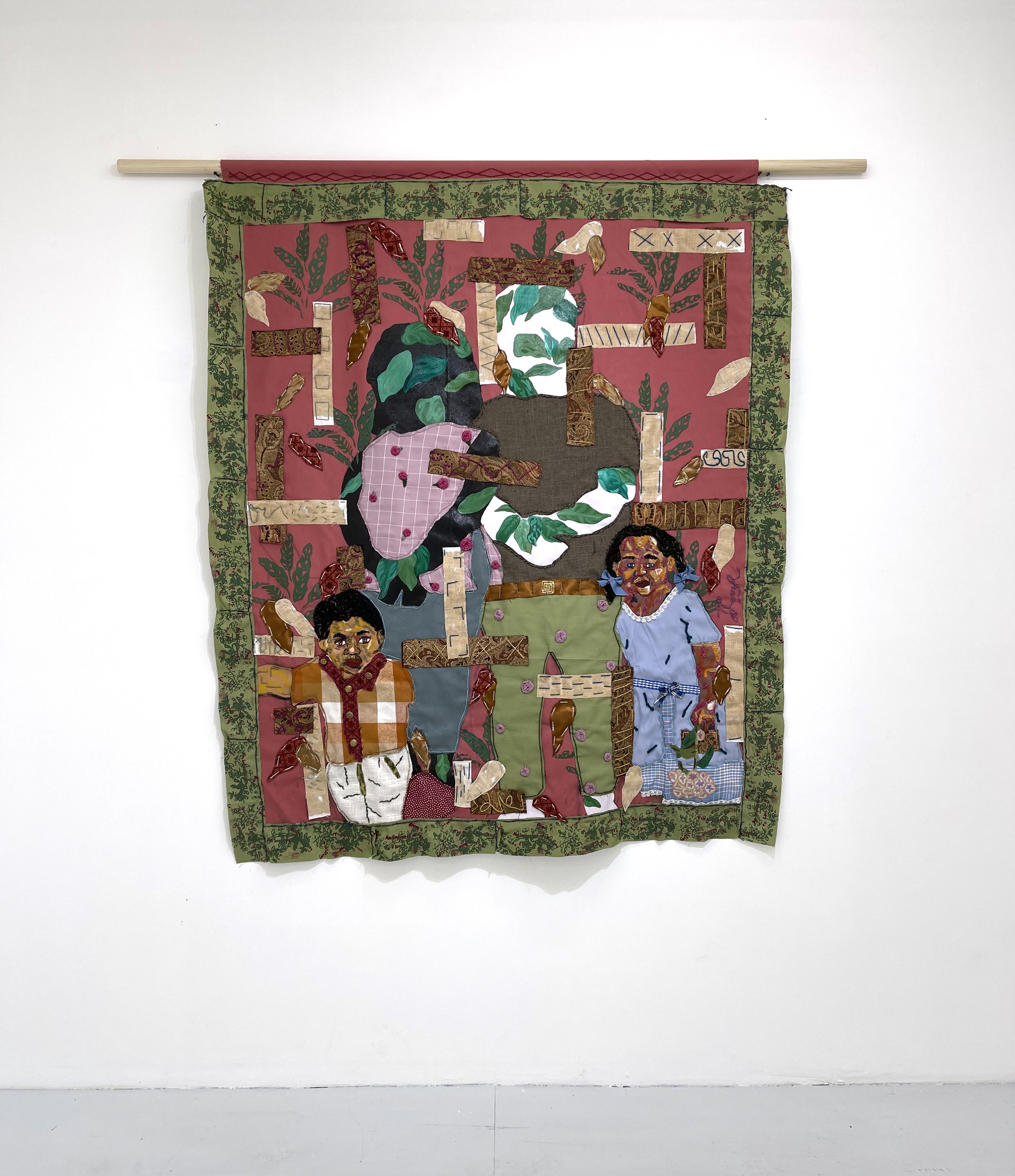 
Indistinguishable and Incompatible (Private Collection), 2022
fabric, screenprint ink, oil pastel, screenprint, acrylic, yarn, dowel rod, buttons,a nd coffee stain
71 x 68 in (180.34 x 172.72 cm)