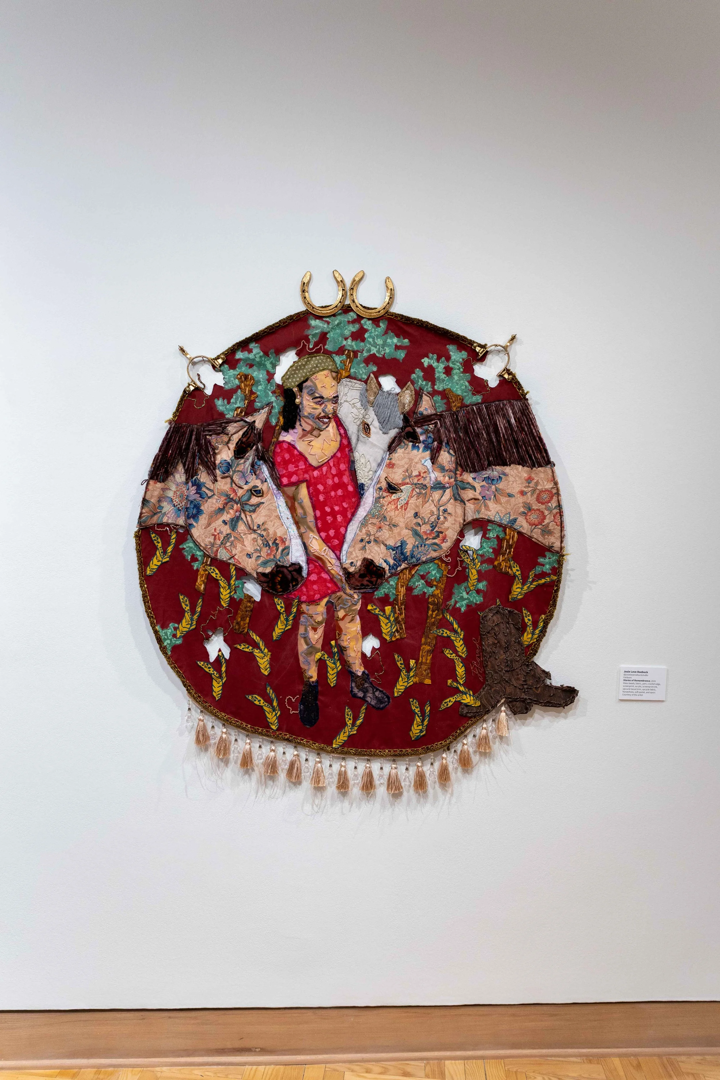Stories of Remembrance, 2024
acrylic, soft pastel, screenprint, screenprint ink, horseshoes, spurs, gold leaf, upcycled fabric, fabric, glass beads, and yarn on canvas
57 x 37 in (144.78 x 93.98 cm)