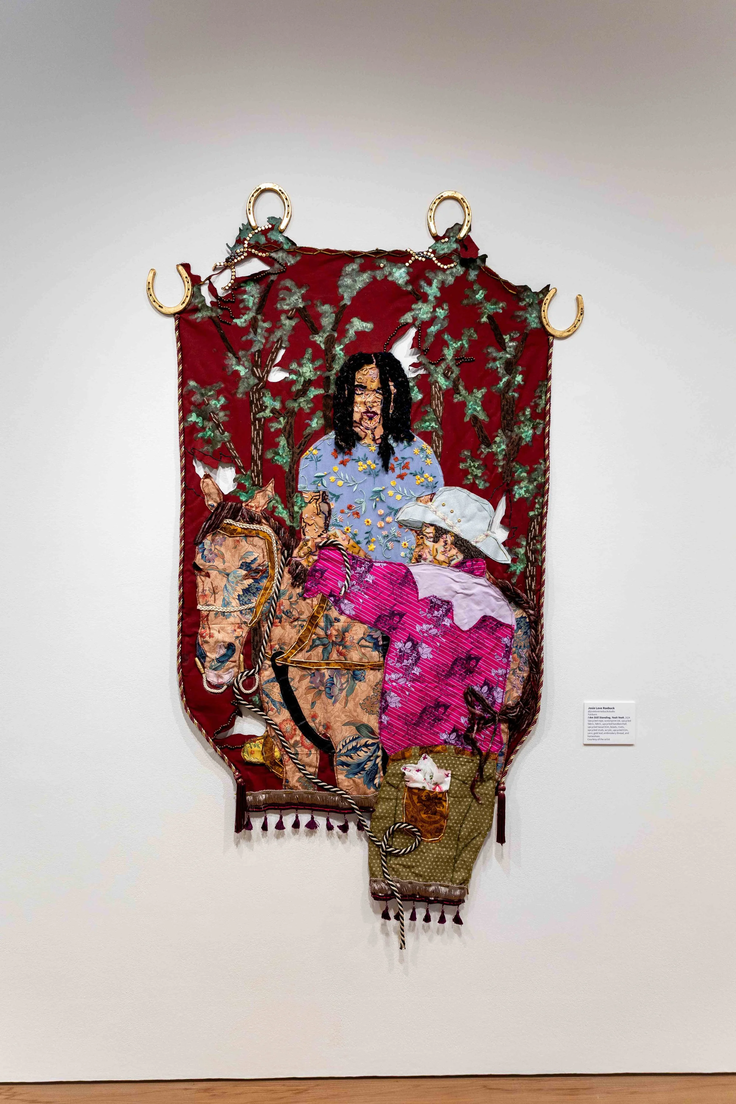 I Am Still Standing, Yeah Yeah 
2024
acrylic, horseshoes, gold leaf, screenprint ink, glass and metal beads, upcycled tassel trim, upcycled fabric, fabric, upcycled rope, and yarn on canvas
80 x 45 x 0.5 in (203.2 x 114.3 x 1.27 cm)