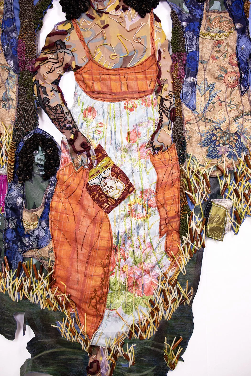 2026, 63 x 54.5 x .75 inches, screenprint, screenprint ink, soft pastel, crochet edge, yarn, upcycle yarn, upcycled fabric, fabric, embroidery thread, and upcycled wooden beads on canvas