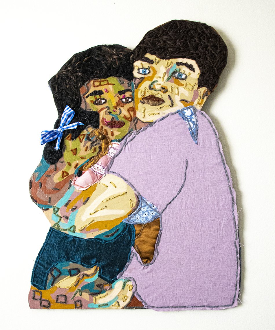 We Are Blood III (Private Collection), 2022
screenprint ink, oil pastel, upcycled fabric, fabric, ribbon, and yarn, wood cutout
21 x 14 in (53.34 x 35.56 cm)