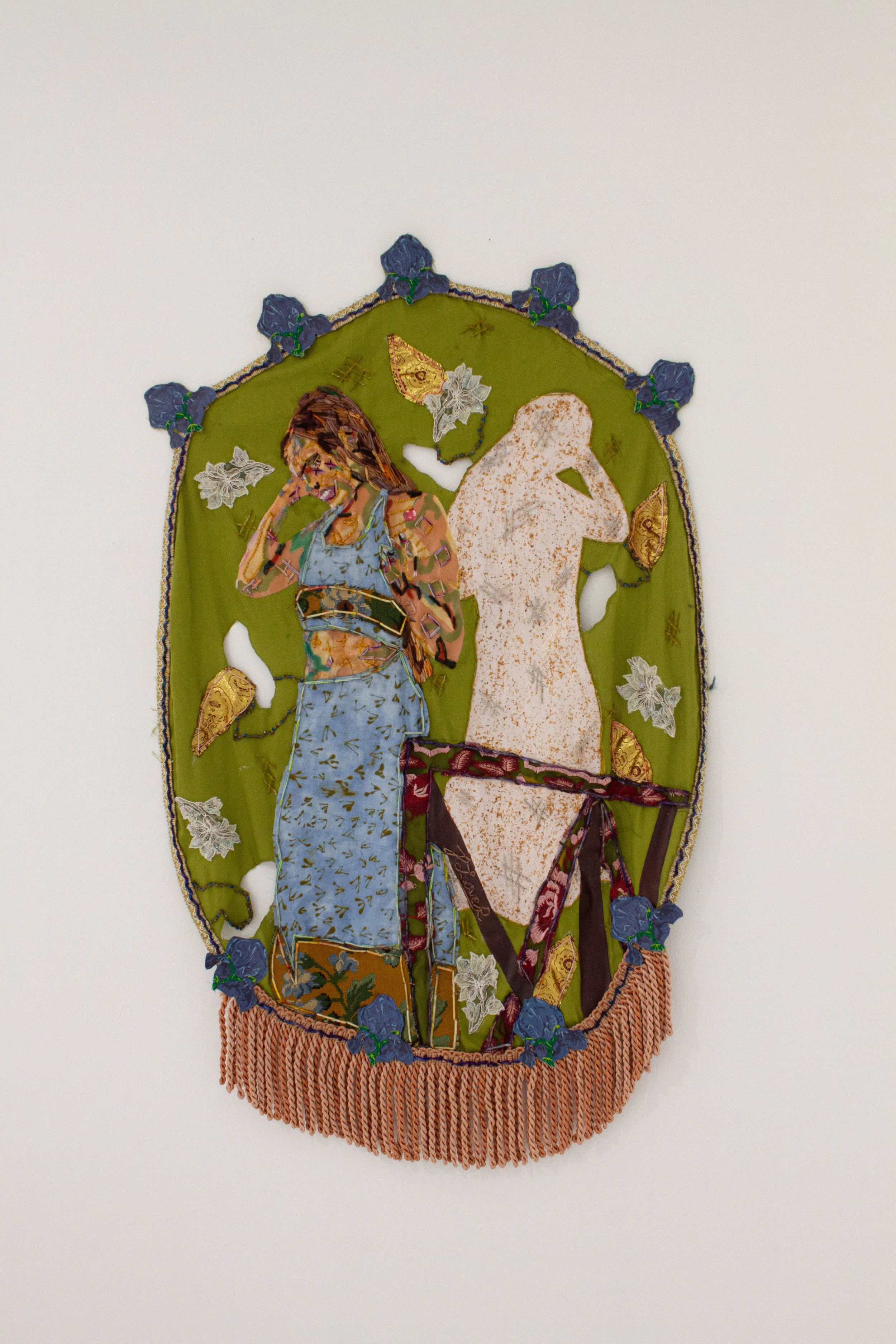 This Too Shall Pass, 2024
screenprint ink, screenprint, upcyceld fabric, tassel fringe trim, soft pastel, fabric, glass and metal beads, vintage patches, and yarn
44 x 29 in (111.76 x 73.66 cm)