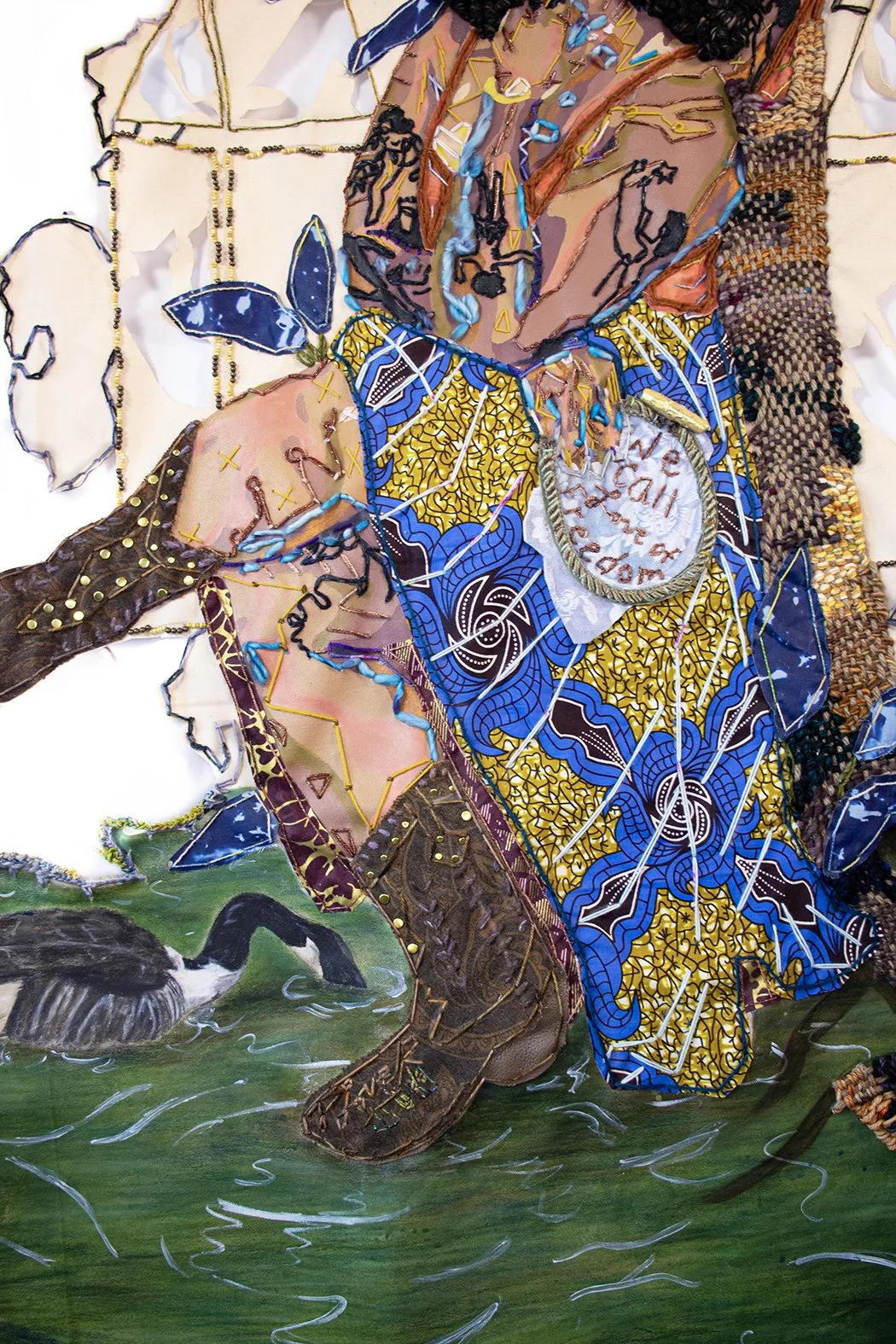 2026, 71 x 35 x .75 inches, and  screenprint, screenprint ink, upcycled fabric, upcycled button, yarn, upcycled rivets, acrylic paint, soft pastel, glass beads, crotchet border, and cyanotype on canvas 