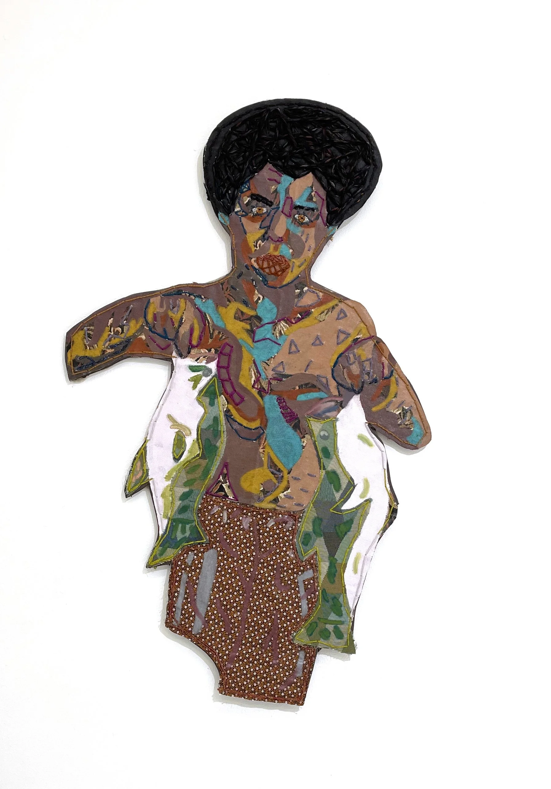 Country Upbringing I (Private Collection), 2021
fabric, yarn, screenprint ink, and oil pastel wood cutout
34 x 20 in (86.36 x 50.8 cm)