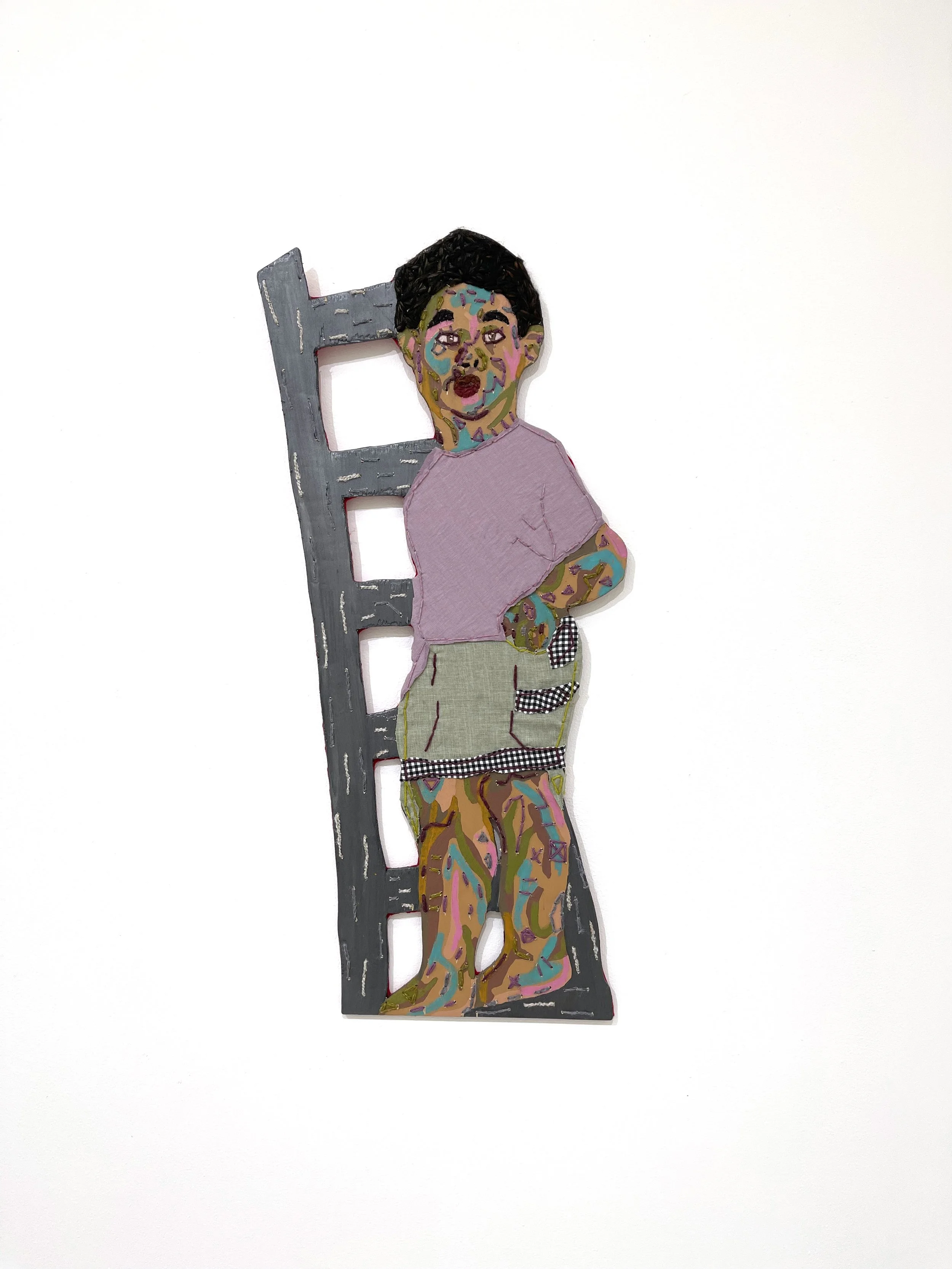 Deserving I, 2022
oil pastel, yarn, screenprint ink, fabric, upcycled fabric, on a wood cutout
35 x 14 in (88.9 x 35.56 cm)