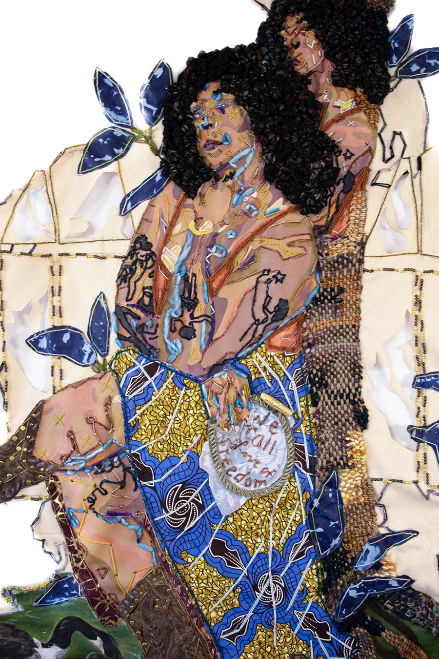 2026, 71 x 35 x .75 inches, and  screenprint, screenprint ink, upcycled fabric, upcycled button, yarn, upcycled rivets, acrylic paint, soft pastel, glass beads, crotchet border, and cyanotype on canvas 
