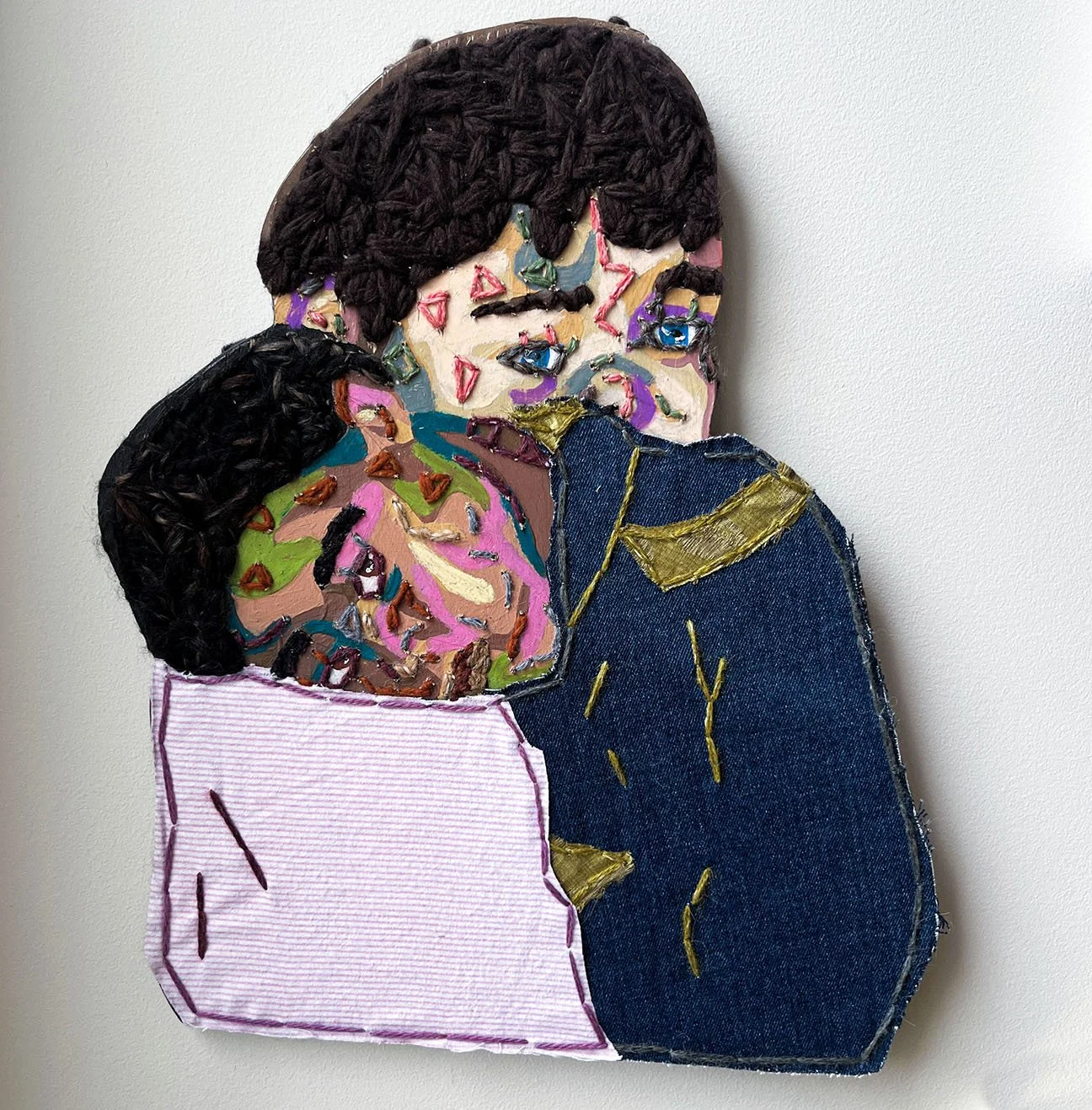 We Are Blood IV, 2022
screenprint ink, oil pastel, fabric, upcycled fabric, wood cutout
17 x 14 in (43.18 x 35.56 cm)