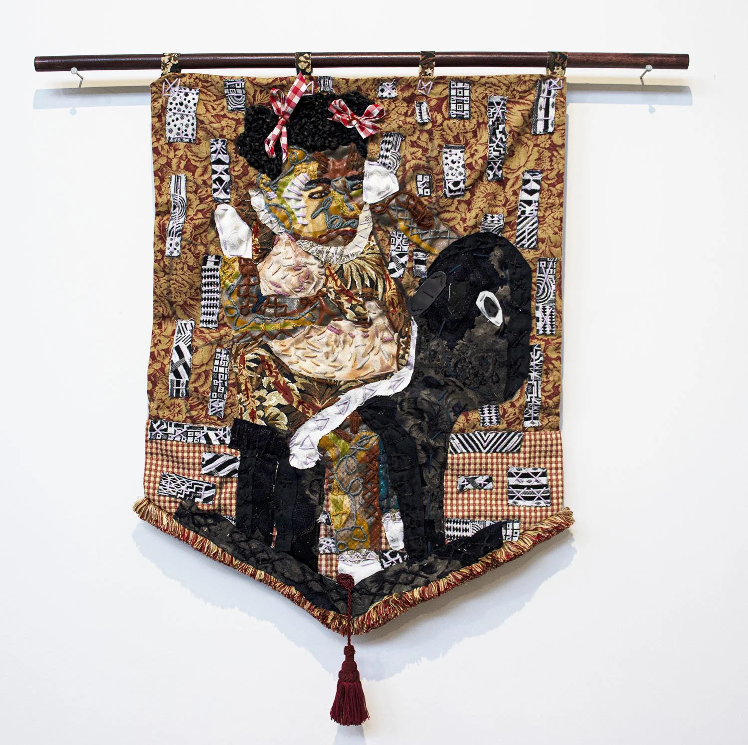 Untitled 1998 (Private Collection), 2021
screenprint ink, childhood ribbons, upcycled fabric, oil pastel, upcycled tassel, dowel rod, and yarn
32 x 23 in (81.28 x 58.42 cm)
