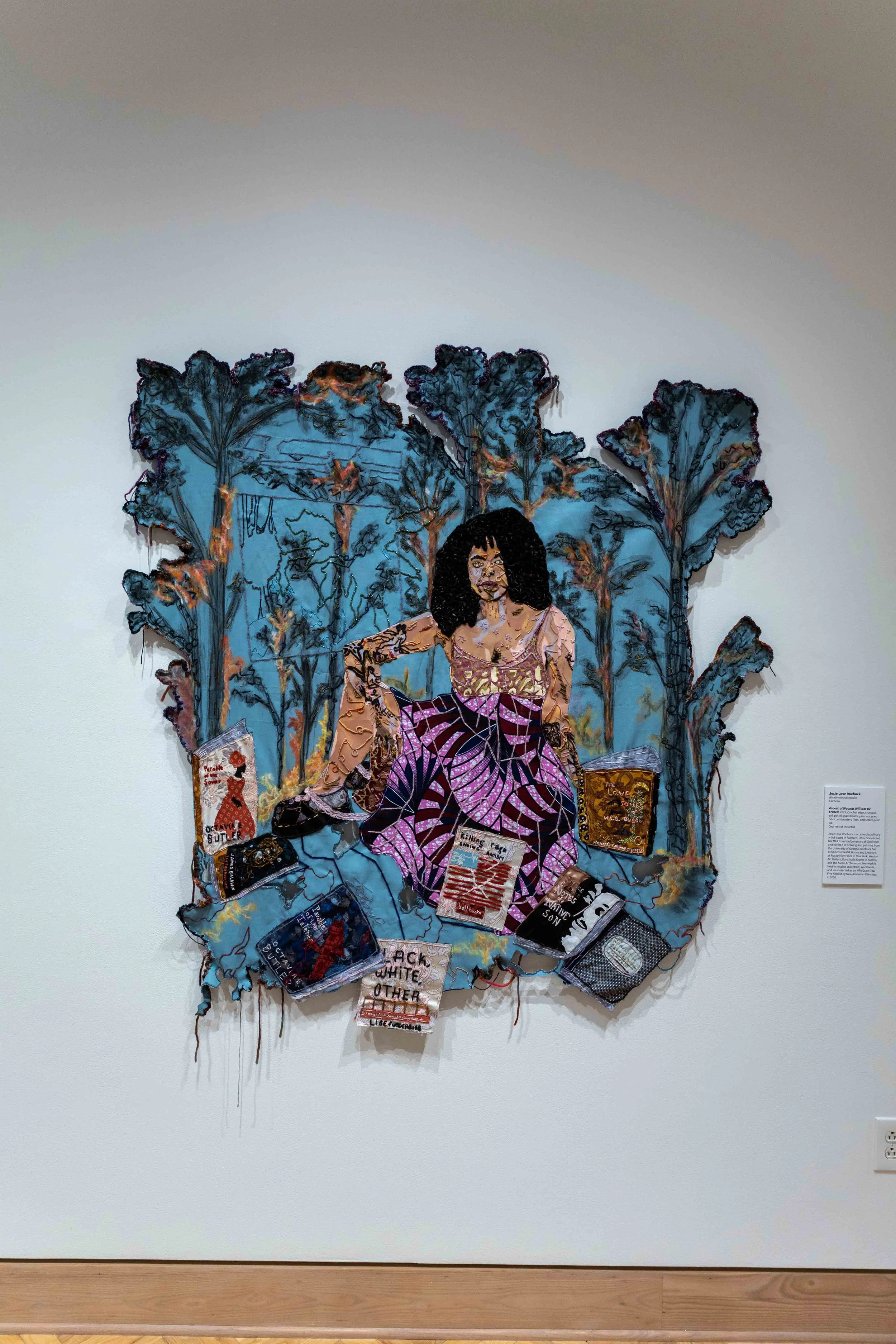 Ancestral Wounds Will Not Be Erased, 2025
crochet border, charcoal, soft pastel, glass beads, yarn, fabric, upcycled fabric, embroidery floss, and screenprint ink
62 x 58 x .5 inches 