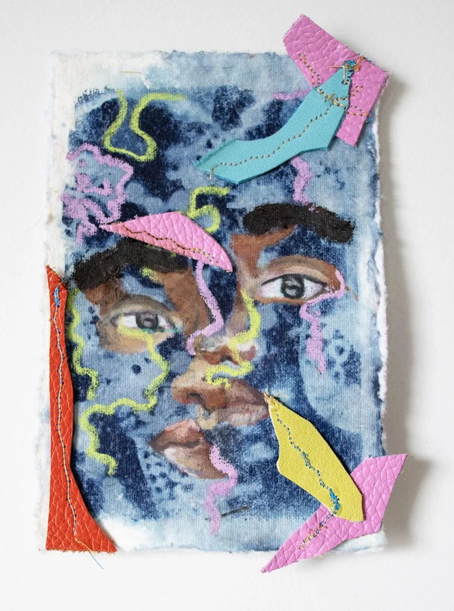 Abstract Mini Portrait #3, 4 x 6 inches, 2026. Cyanotype, soft pastel, upcycled leather scraps, oil pigment sticks, on Stonehenge paper 