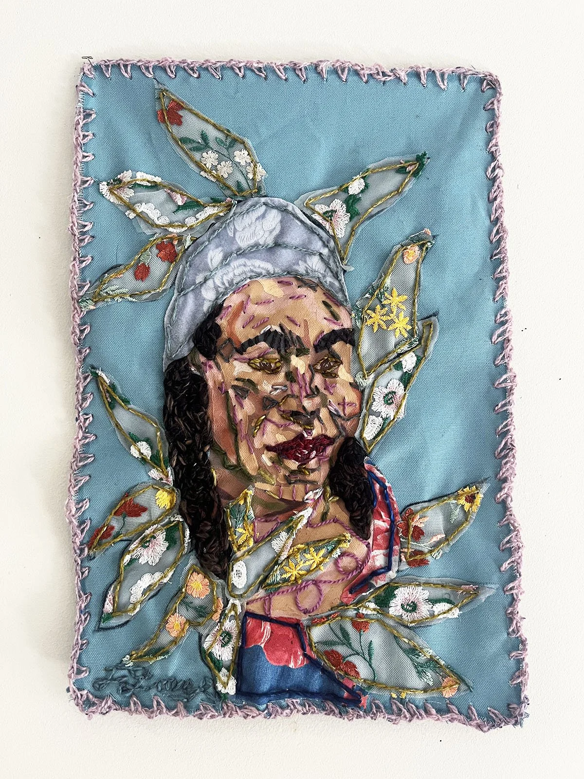 Memories of Braided Lives (Private Collection), 2023
fabric, crochet edge, yarn, screenprint ink, and soft pastel on canvas
18 x 12 in (45.72 x 30.48 cm