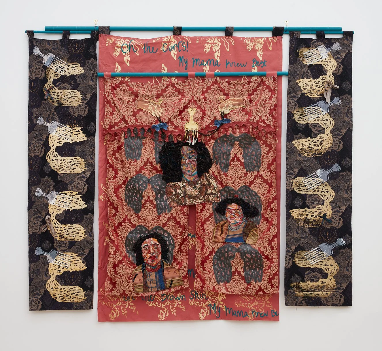 Better Than Blood
2021
96x146 inches 
screenprint, yarn, childhood hair bows, oil pastel, yarn, and fabric