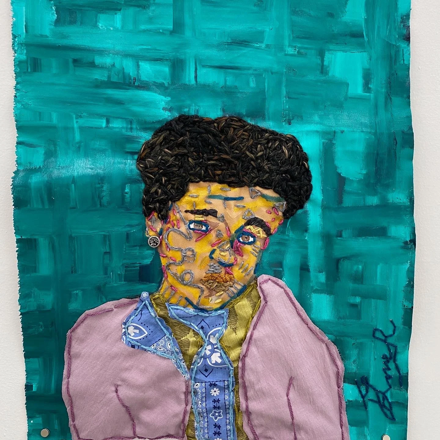 He is Biracial: 29% Scotland, 18% Nigeria, and 14% Ireland (Private Collection), 2022
canvas, fabric, yarn, button, oil pastel, acrylic, and screenprint ink
24 x 19 in (60.96 x 48.26 cm)