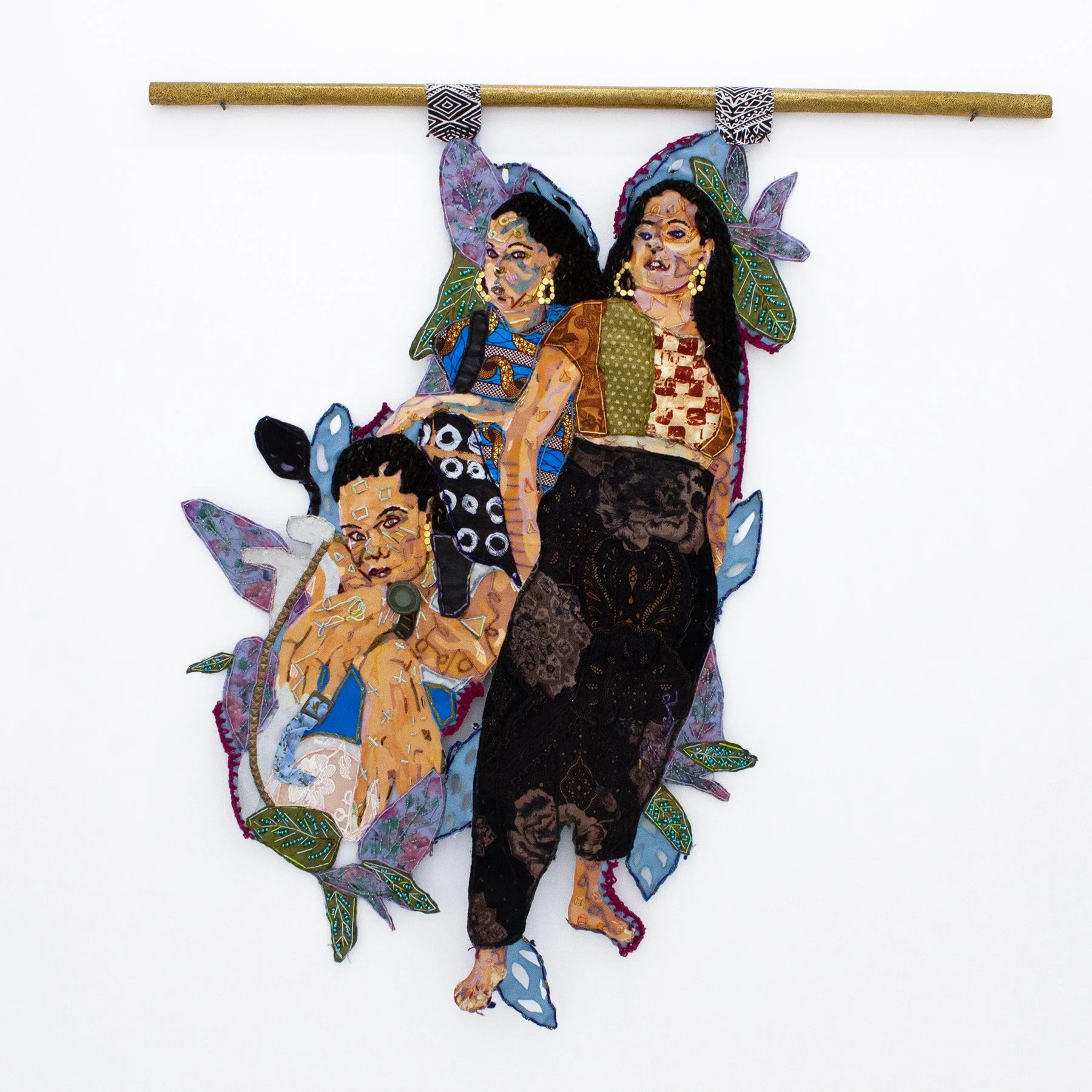 Love That Women Could Mother, 2024
screenprint ink, upcycled fabric, crochet border, glass bead, rivet studs, upcycled rivet studs, upcycle button, upcycle bead, embroidery floss, pastel, fabric, and yarn
54 x 48 in (137.16 x 121.92 cm)