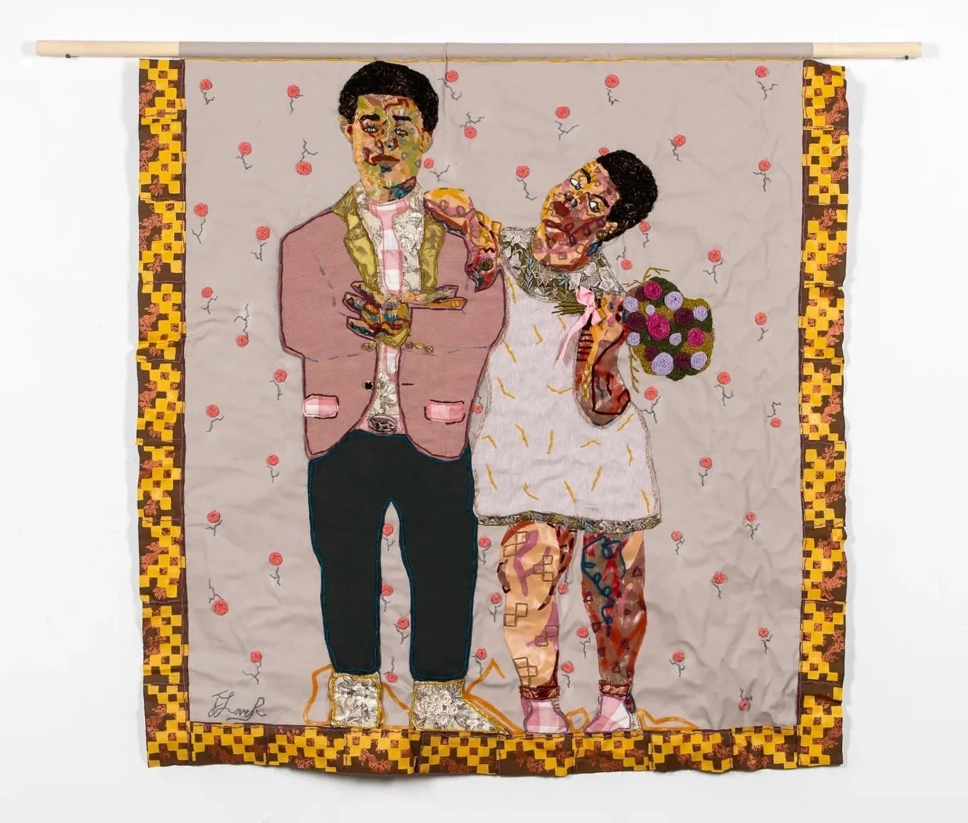 Not Enough, 2022
fabric, oil pastel, screenprint, acrylic, yarn, dowel rod, and buttons
59 x 58 x 3 in (149.86 x 147.32 x 7.62 cm)