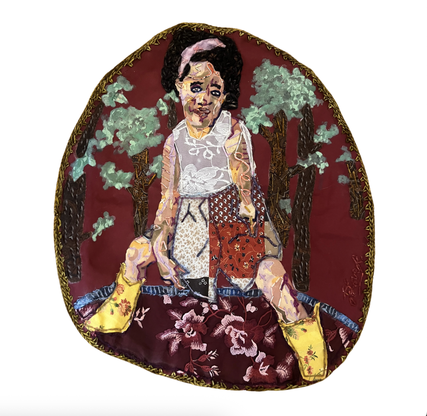 The Mouth is the place That Thoughts Leap Out of; It is the Starting Gate of our Hearts, 2024
upcycled fabric, childhood dressup sash, fabric, yarn, screenprint ink, acrylic, crochet edge, and soft pastel
22.5 x 25 in (57.15 x 63.5 cm)