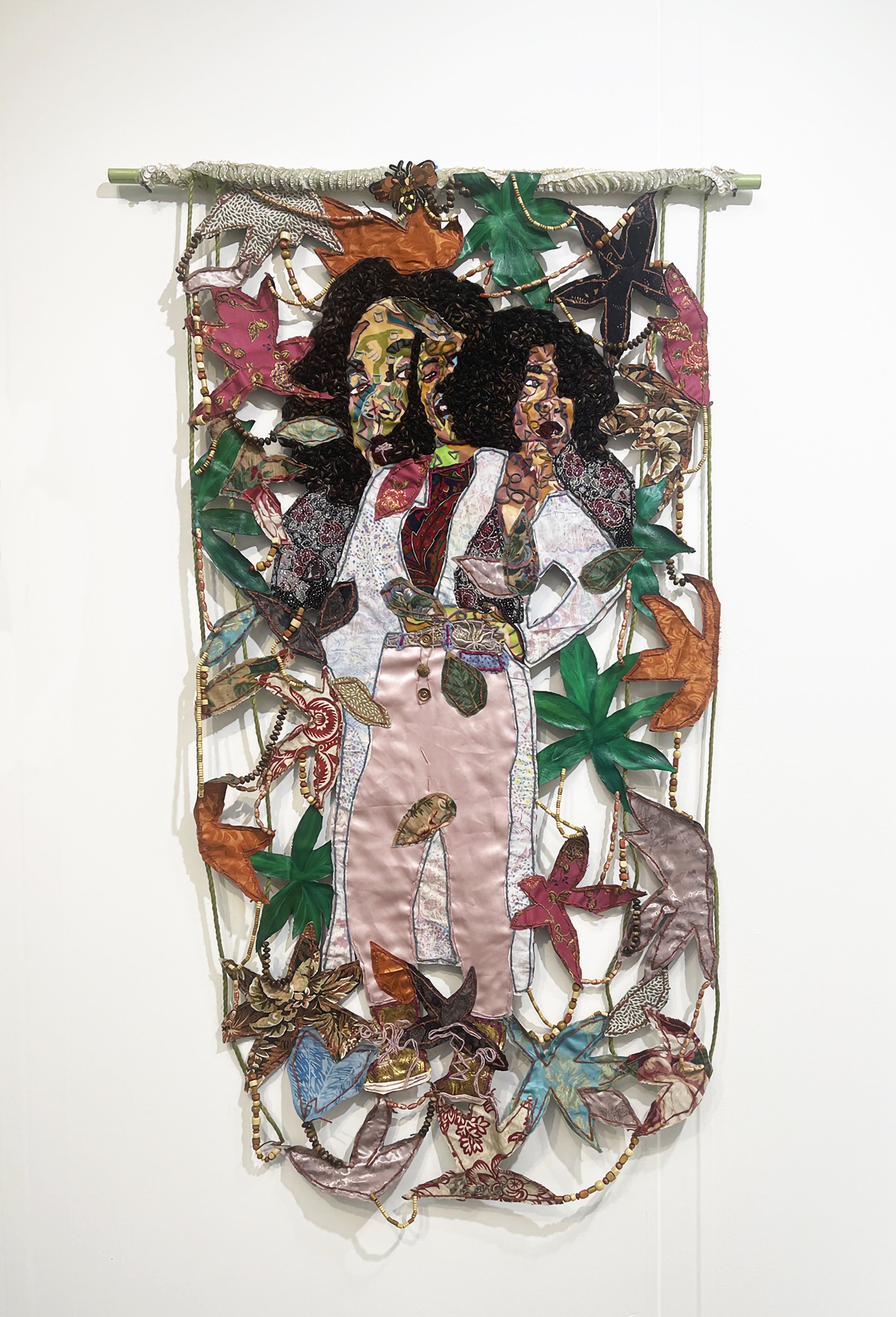 Blossom I, 2023
fabric, upcycled fabric, wooden beads, yarn, buttons, and oil pastel
57 x 30.5 in (144.78 x 77.47 cm)