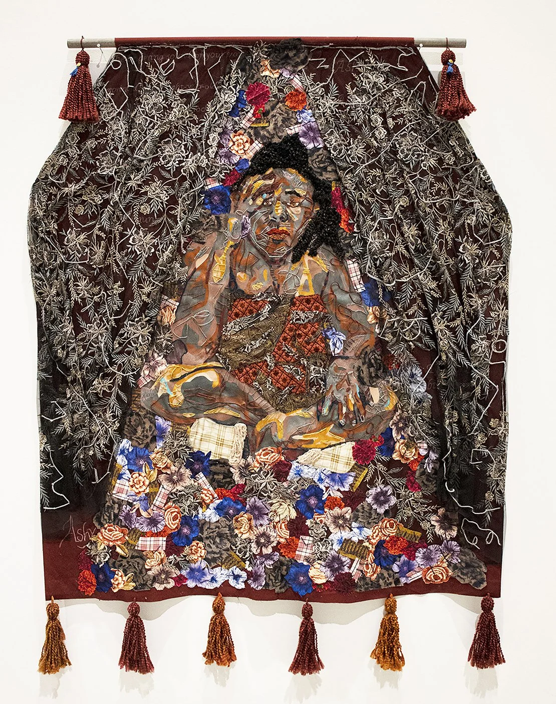Ashen (Private Collection), 2021
screenprint ink, oil pastel, fabric, soft pastel, conte, charcoal, and yarn on canvas
67 x 58 in (170.18 x 147.32 cm)