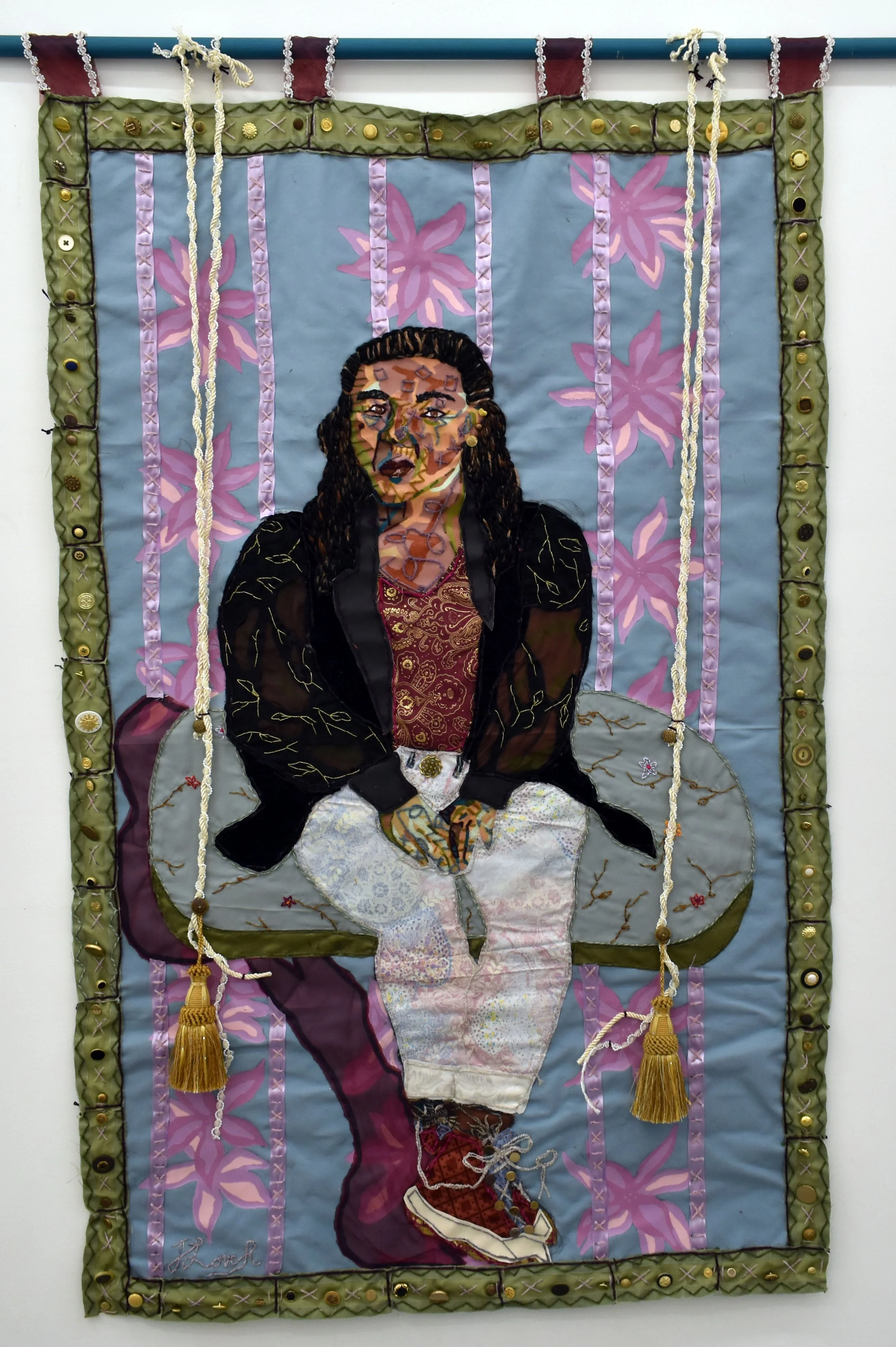 Interconnectedness III, 2023
upcycled fabric, fabric, trim, upcycle trim, upcycle tassels, screenprint ink, embroidery thread, yarn, buttons, and oil pastel
65 x 48 in (165.1 x 121.92 cm)