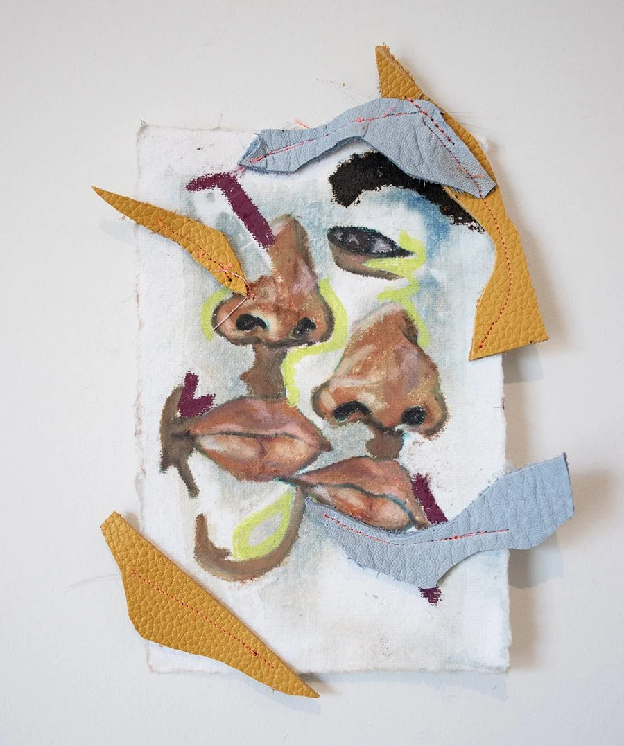 Abstract Mini Portrait #7, 4 x 6 inches, 2026. Cyanotype, soft pastel, upcycled leather scraps, oil pigment sticks, on Stonehenge paper 
