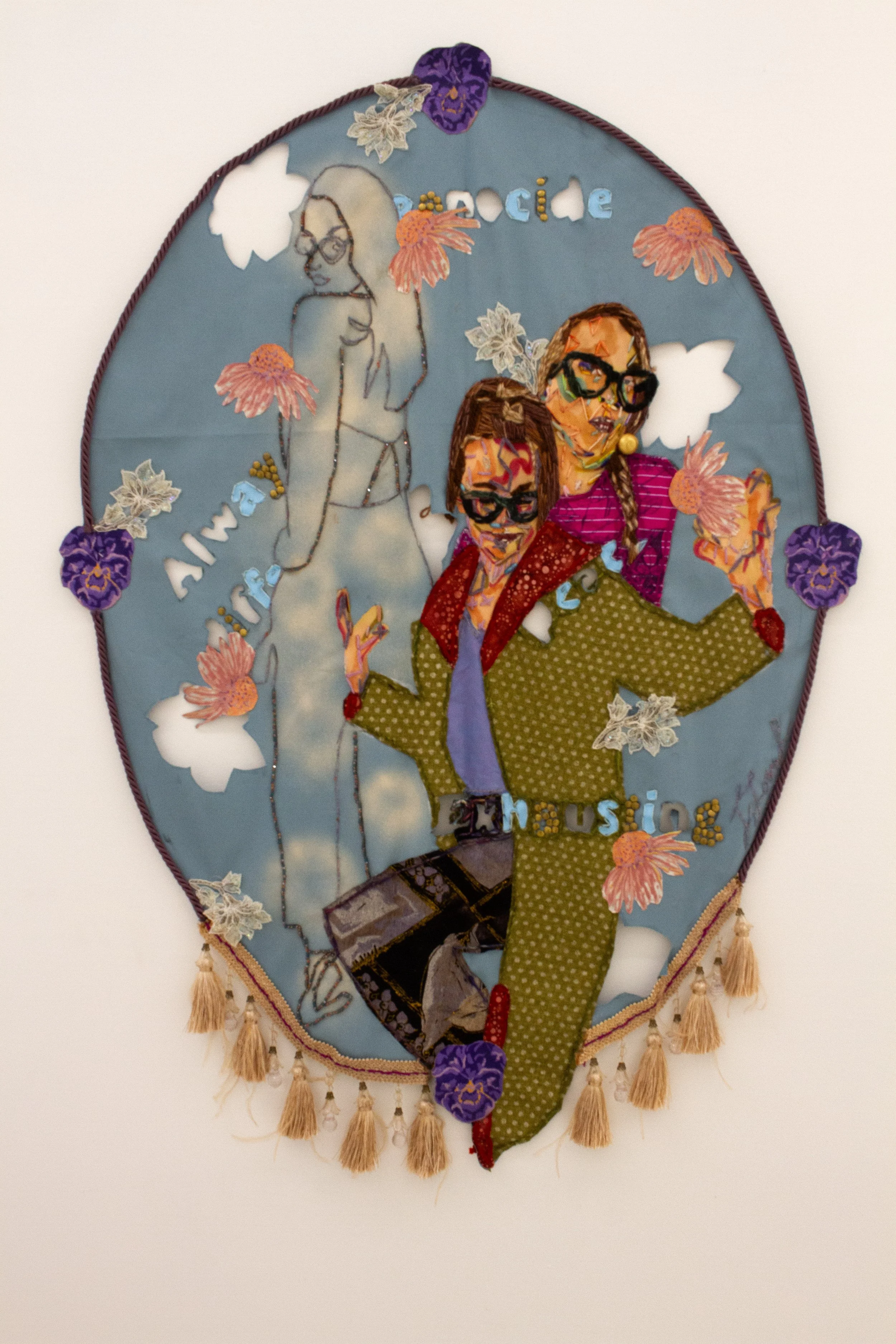 
Uniquely Different, 2024
screenprint ink, screenprint, upcyceld fabric, upcycled trim tassels, vintage patches, glass beads, rivets, soft pastel, fabric, and yarn
47 x 34 in (119.38 x 86.36 cm)