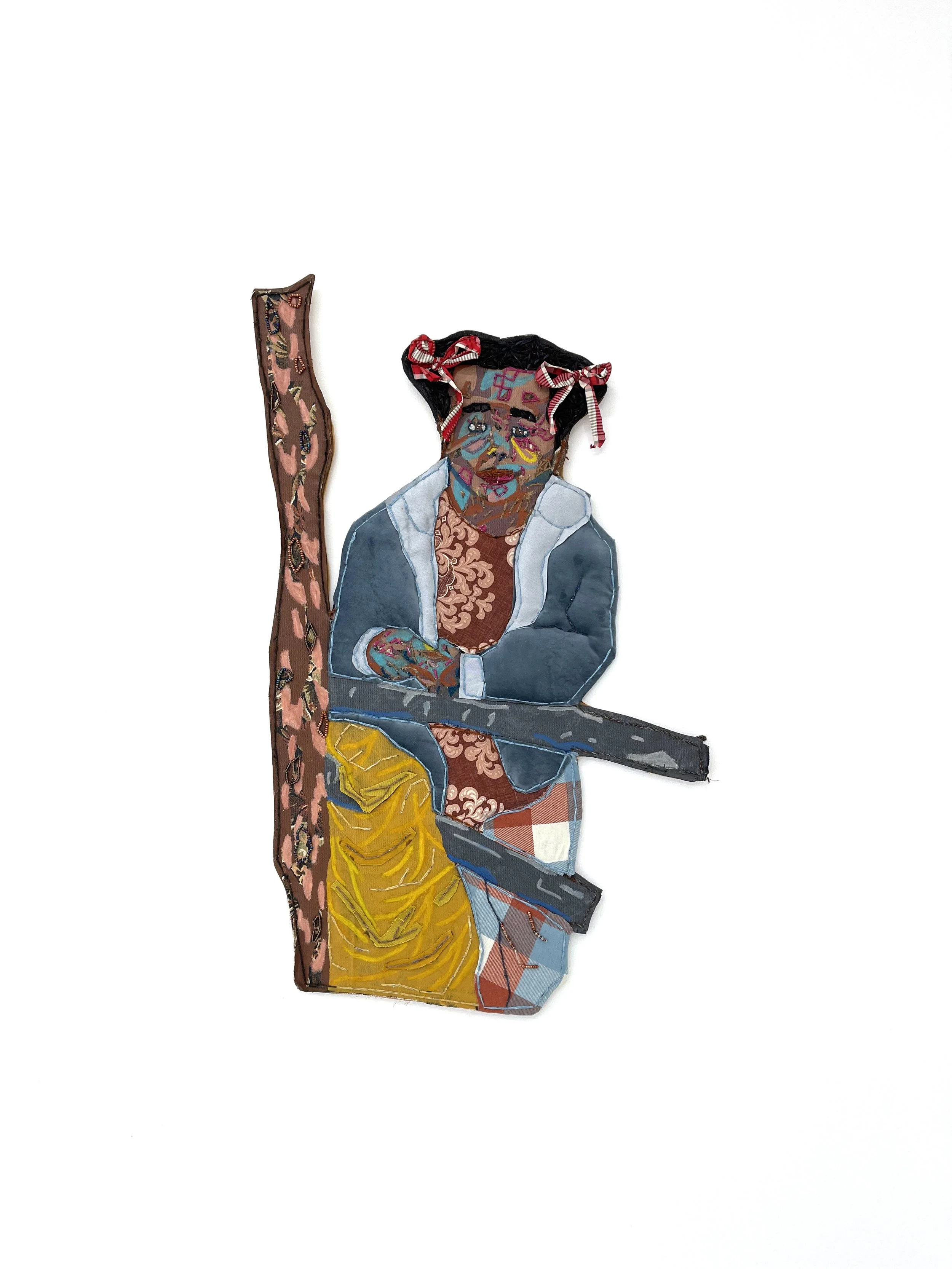 Country Upbringing II (Private Collection), 2021
childhood hair bows, fabric, polyfil, yarn, screenprint ink, glass beas, and oil pastel on a wood cutout
38 x 24 in (96.52 x 60.96 cm)