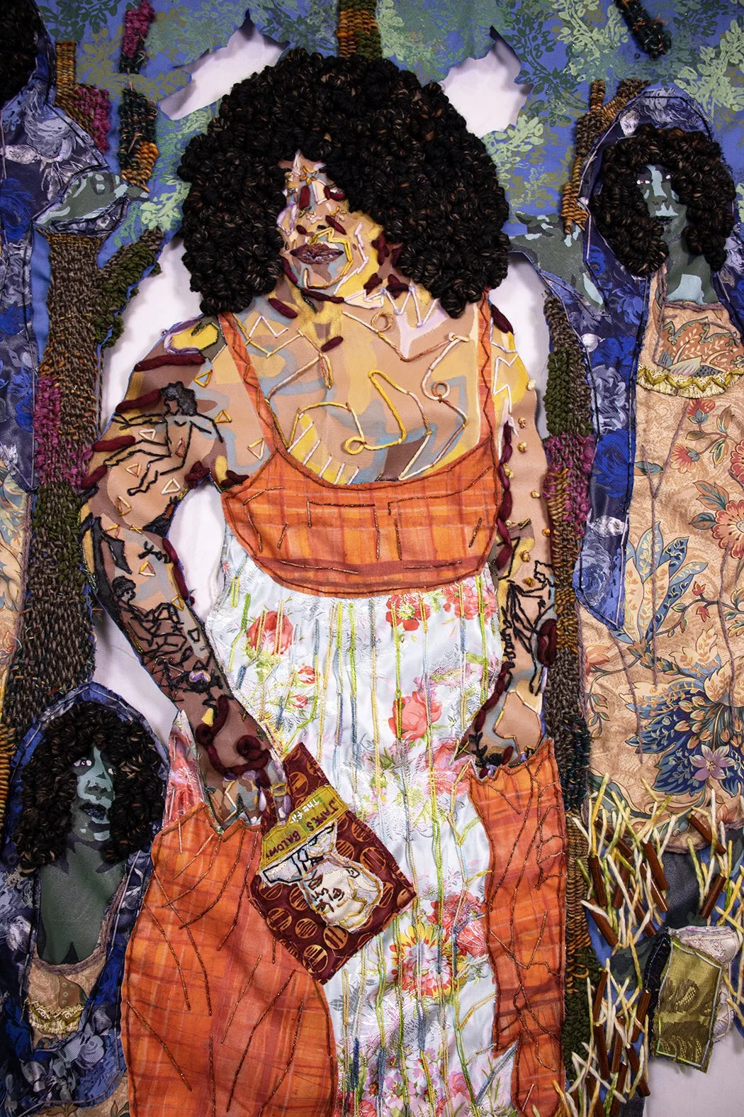 2026, 63 x 54.5 x .75 inches, screenprint, screenprint ink, soft pastel, crochet edge, yarn, upcycle yarn, upcycled fabric, fabric, embroidery thread, and upcycled wooden beads on canvas