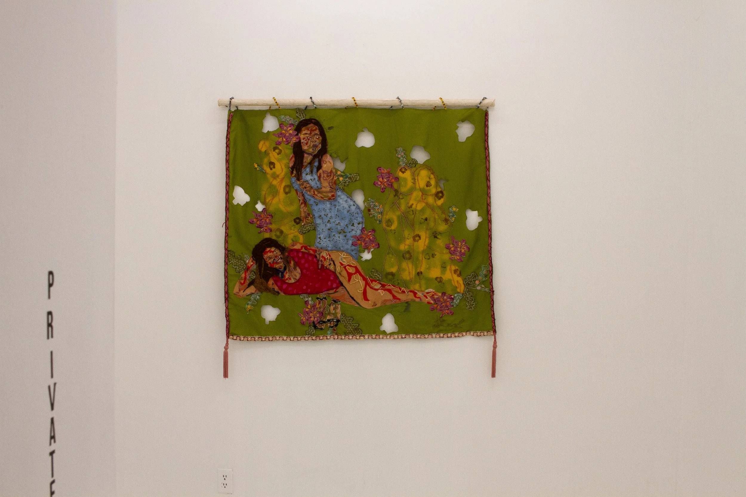 Her Womanhood, 2024
screenprint ink, screenprint, upcycled tassel trim rope, glass beas, fancy jasper bead, citrine bead, tiger eye bead, decorative paper, embroidery floss, pastel, fabric, and yarn
50 x 48 in (127 x 121.92 cm)