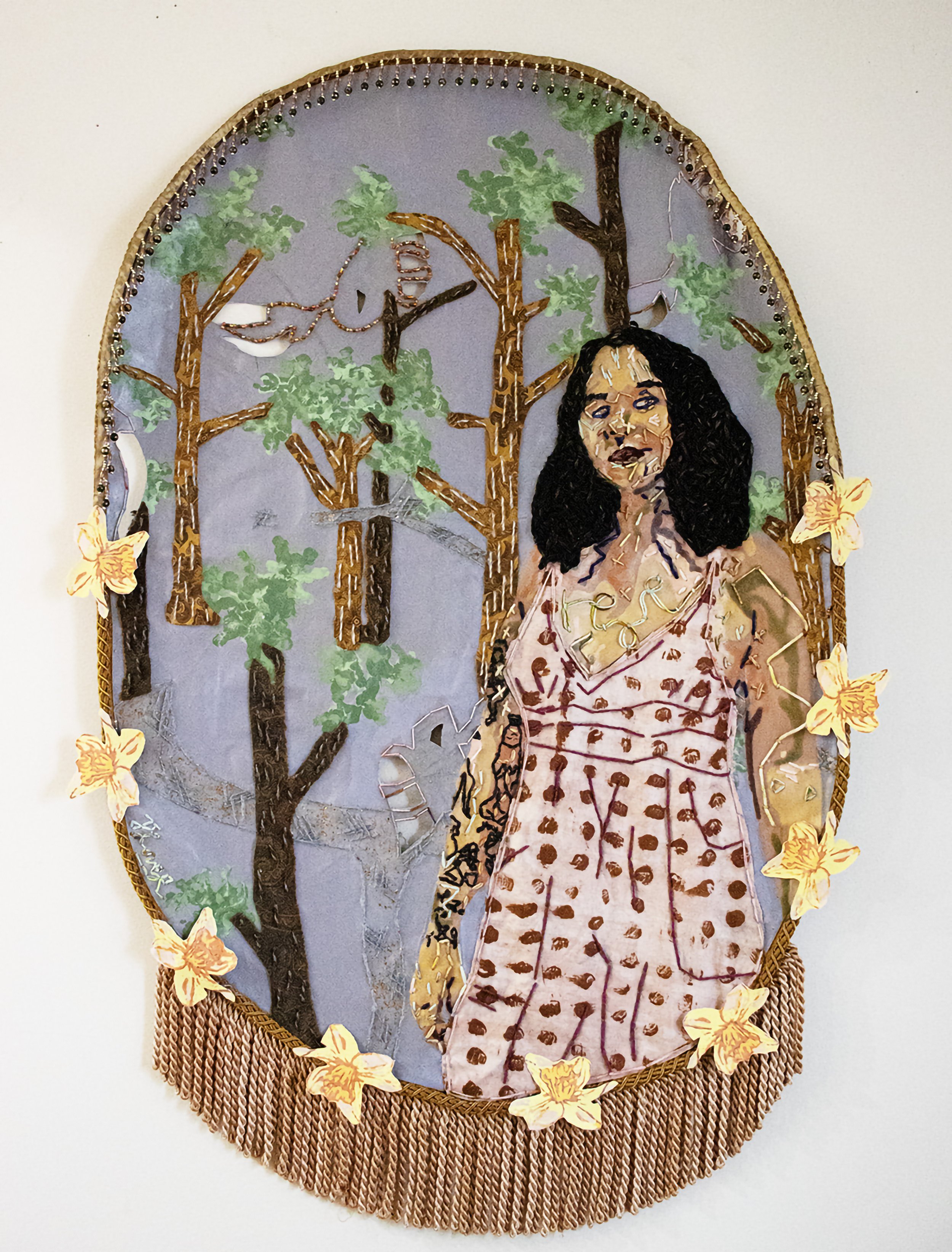 Daffodil, 2024
acrylic, screenprint ink, tassel trim, screenprint, upcycled trim tassesl, upcycled fabric, yarn, and fabric
46 x 28 in (116.84 x 71.12 cm)