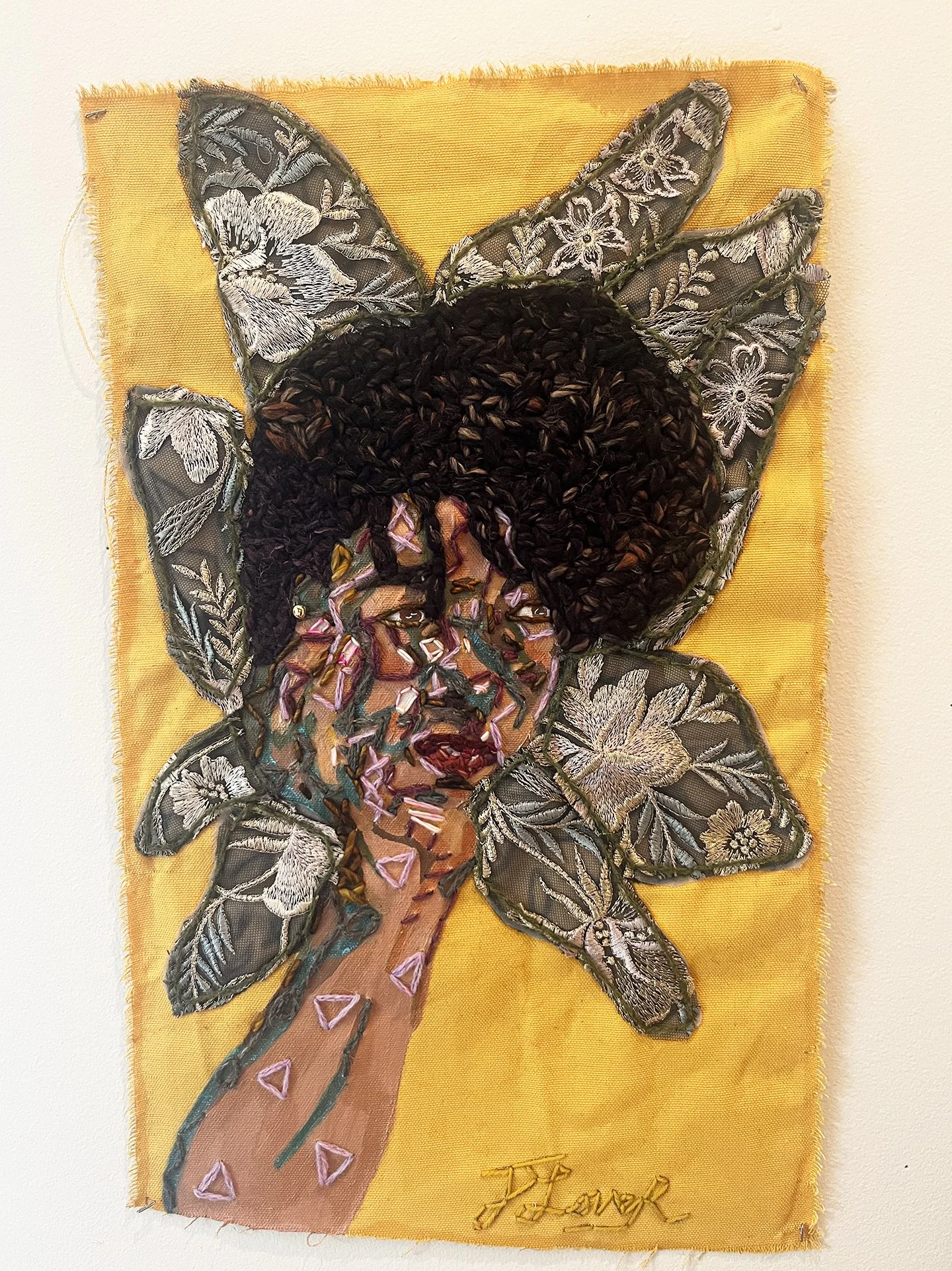 Memories of Braided Lives, 2023
fabric, soft pastel, screenprint ink, button, and yarn on canvas
19 x 11.5 in (48.26 x 29.21 cm)
