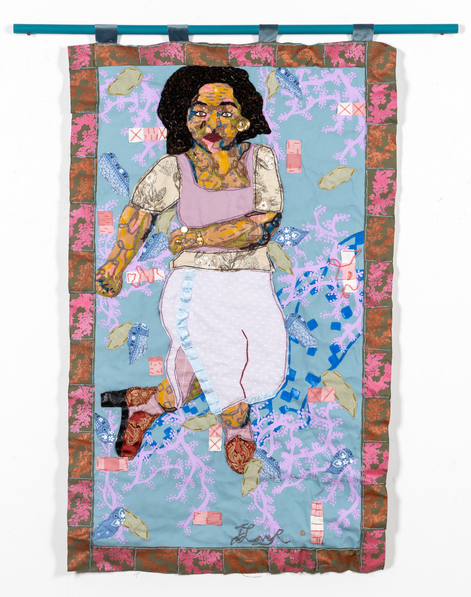 Interconnectedness I, 2023
fabric, screenprint, oil pastel, screenprint ink, acrylic, yarn, dowel rod, and buttons
59 x 48 in (149.86 x 121.92 cm)