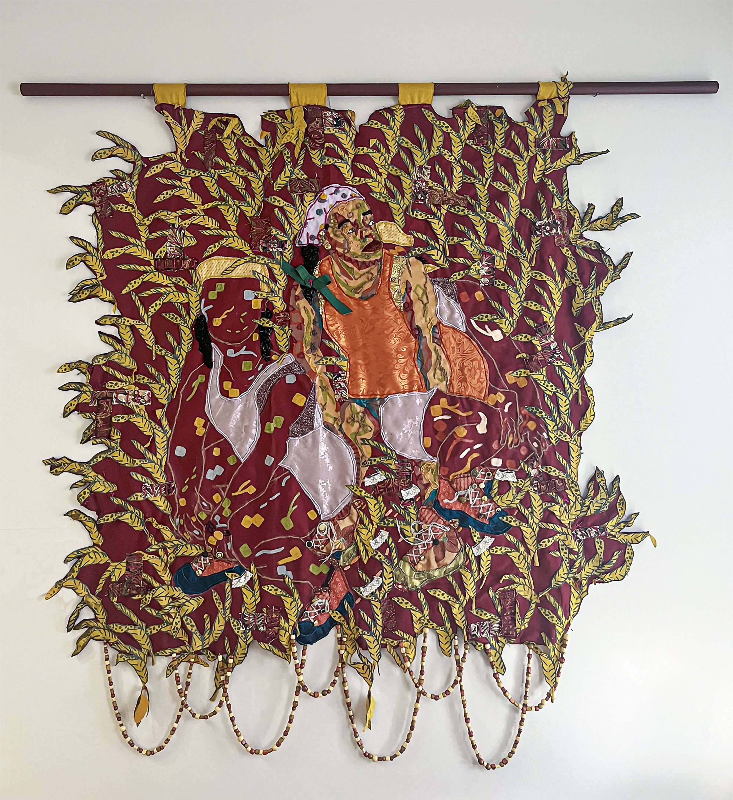 
Field Full of Blossoms, 2023
screenprint ink, upcycled fabric, fabric, childhood hair ribbon, wooden beads, yarn, upcycled lace, and oil pastel
68.5 x 72 in (173.99 x 182.88 cm)