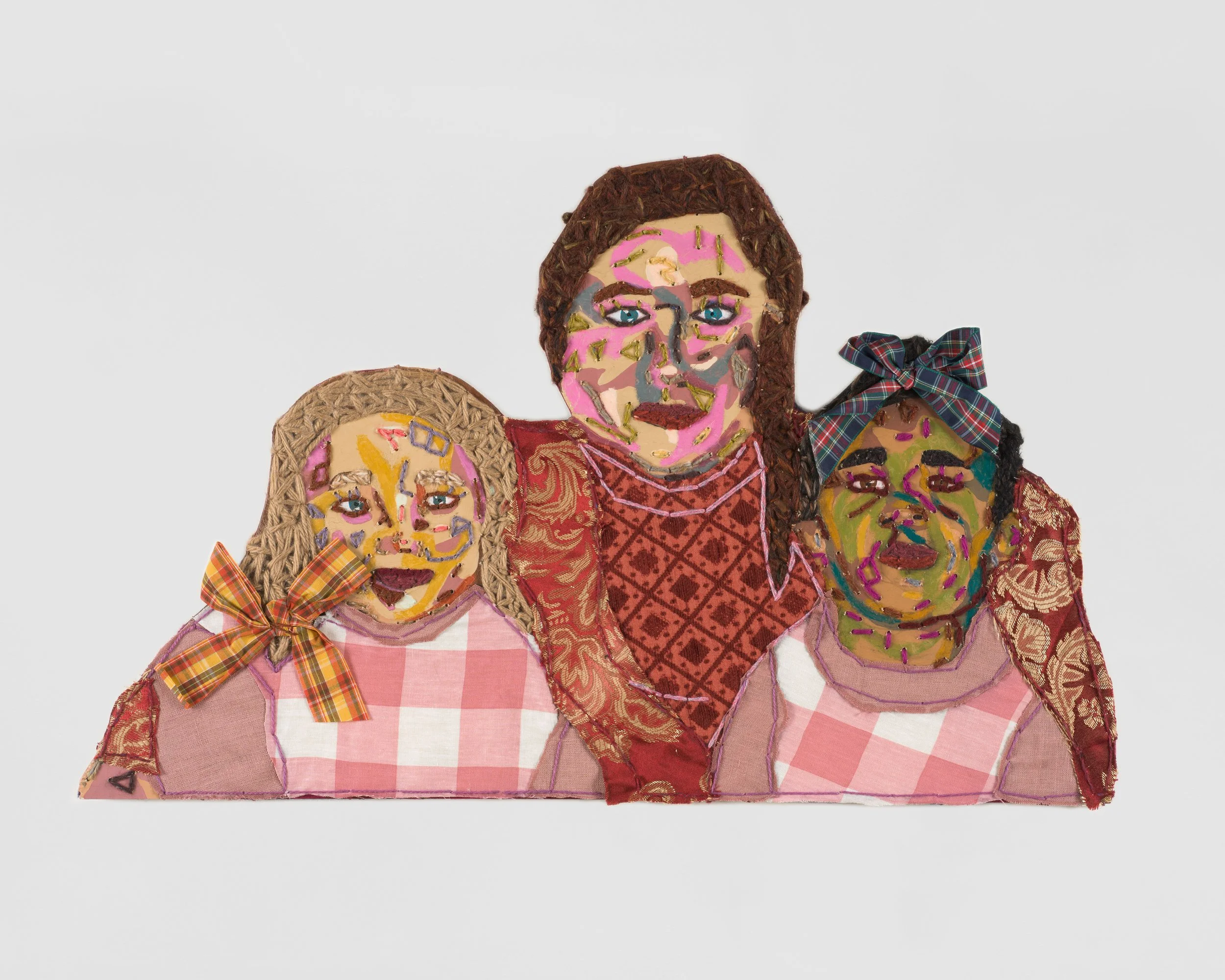 We Are Blood II, 2022
oil pastel, ribbon, childhood ribbon, fabric, upcycled fabric, yarn, and screenprint ink, wood cutout
17.5 x 27.5 in (44.45 x 69.85 cm)