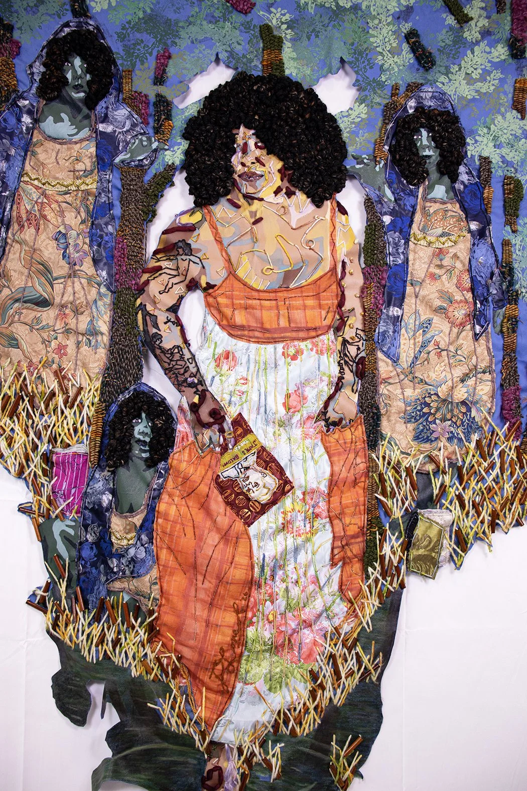 2026, 63 x 54.5 x .75 inches, screenprint, screenprint ink, soft pastel, crochet edge, yarn, upcycle yarn, upcycled fabric, fabric, embroidery thread, and upcycled wooden beads on canvas