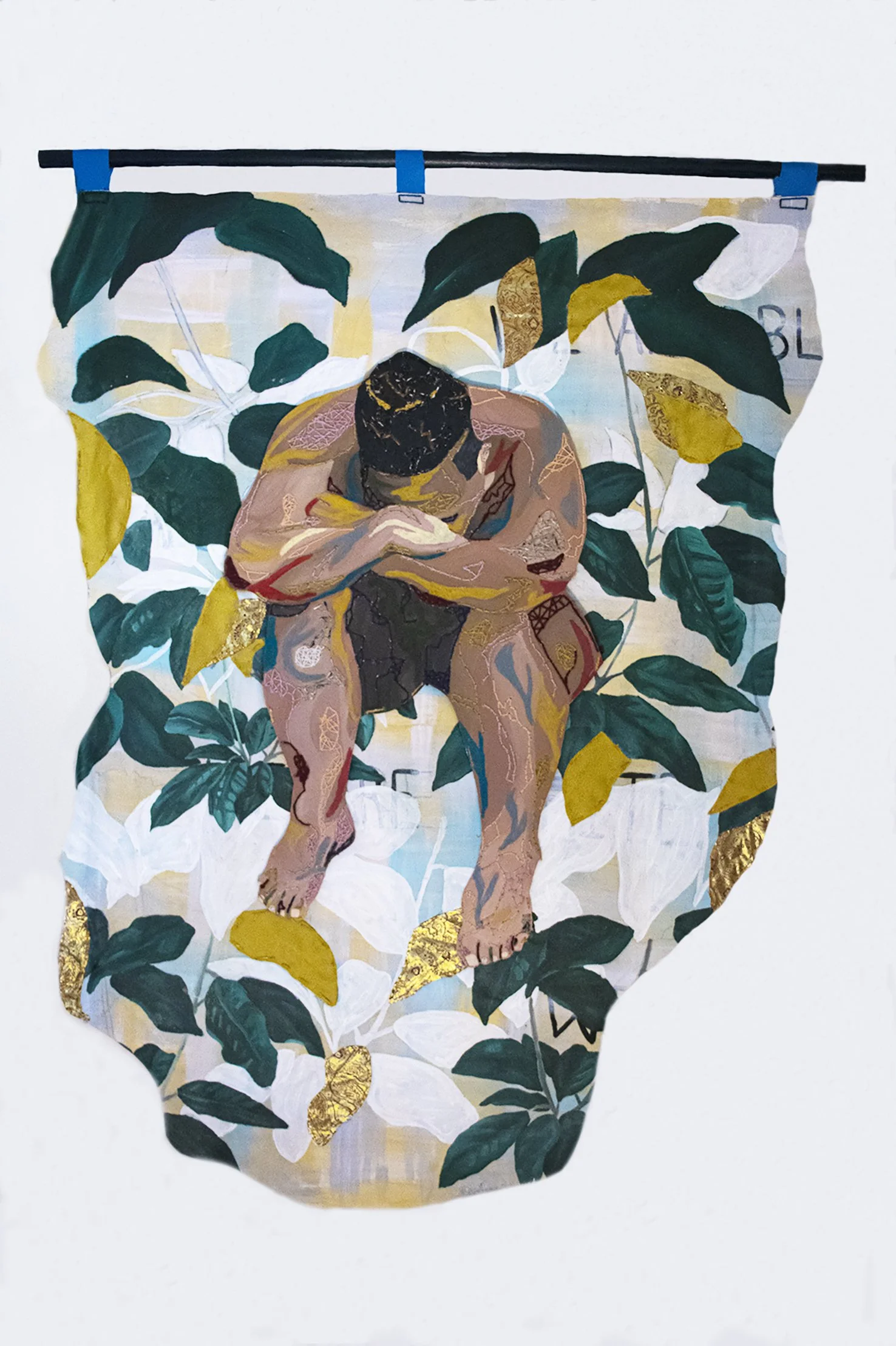 Rise (Private Collection), 2020-2021
acrylic, fabric, yarn, dowel rod, wood cutout on canvas
51.5 x 48 in (130.81 x 121.92 cm)